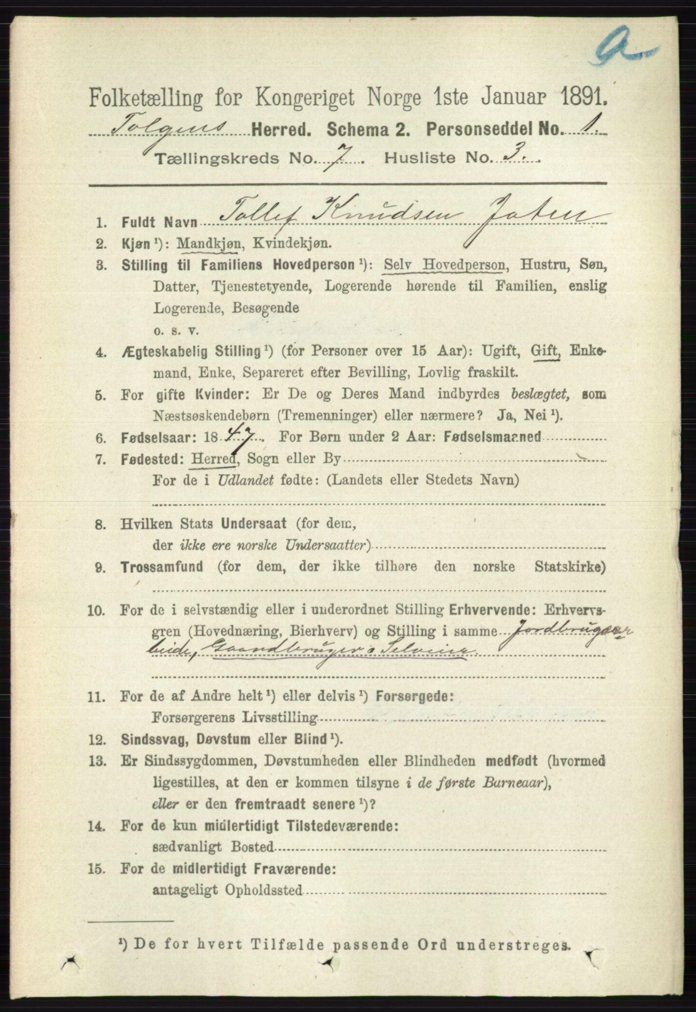 RA, 1891 census for 0436 Tolga, 1891, p. 2036