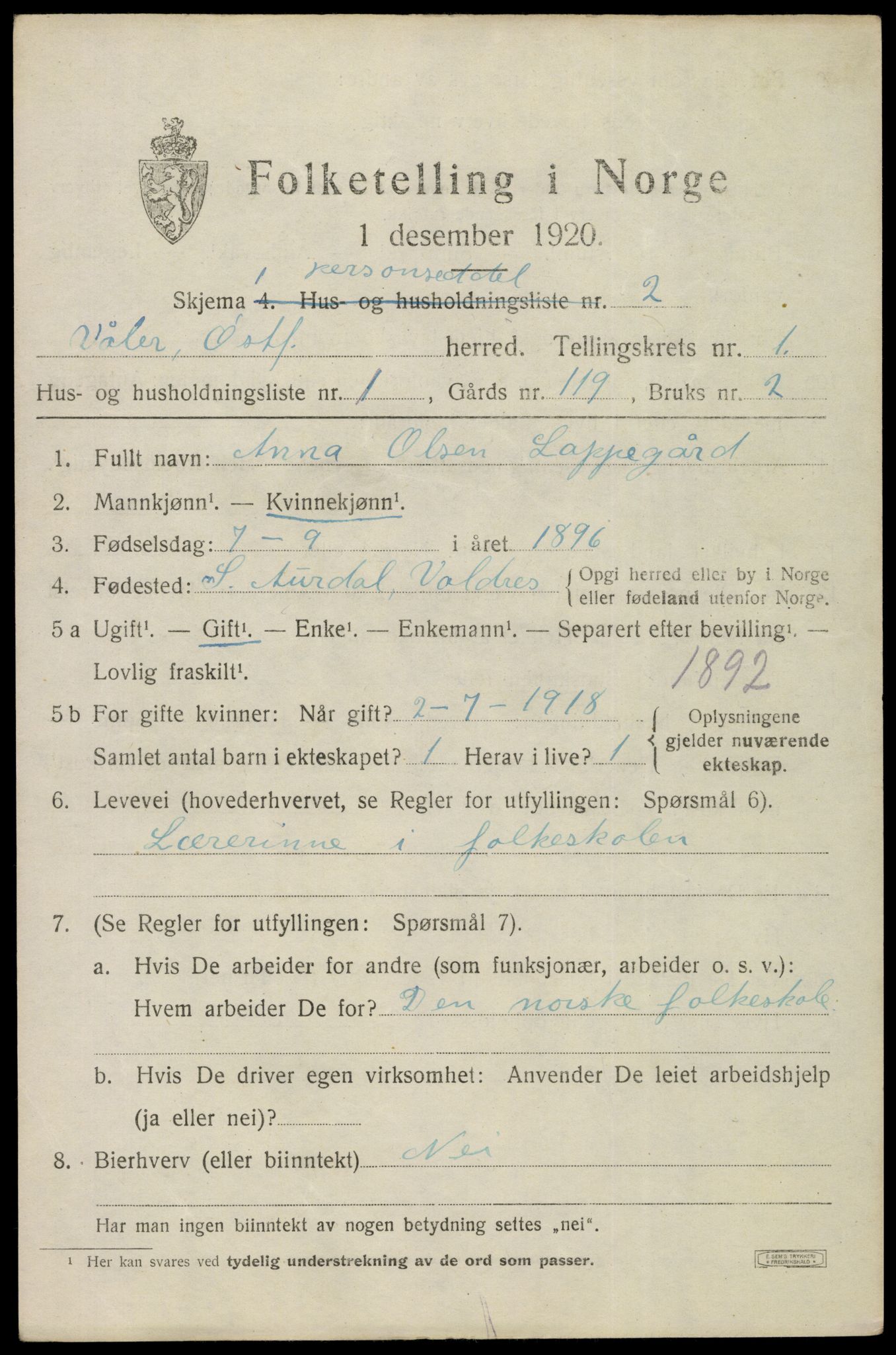 SAO, 1920 census for Våler, 1920, p. 914