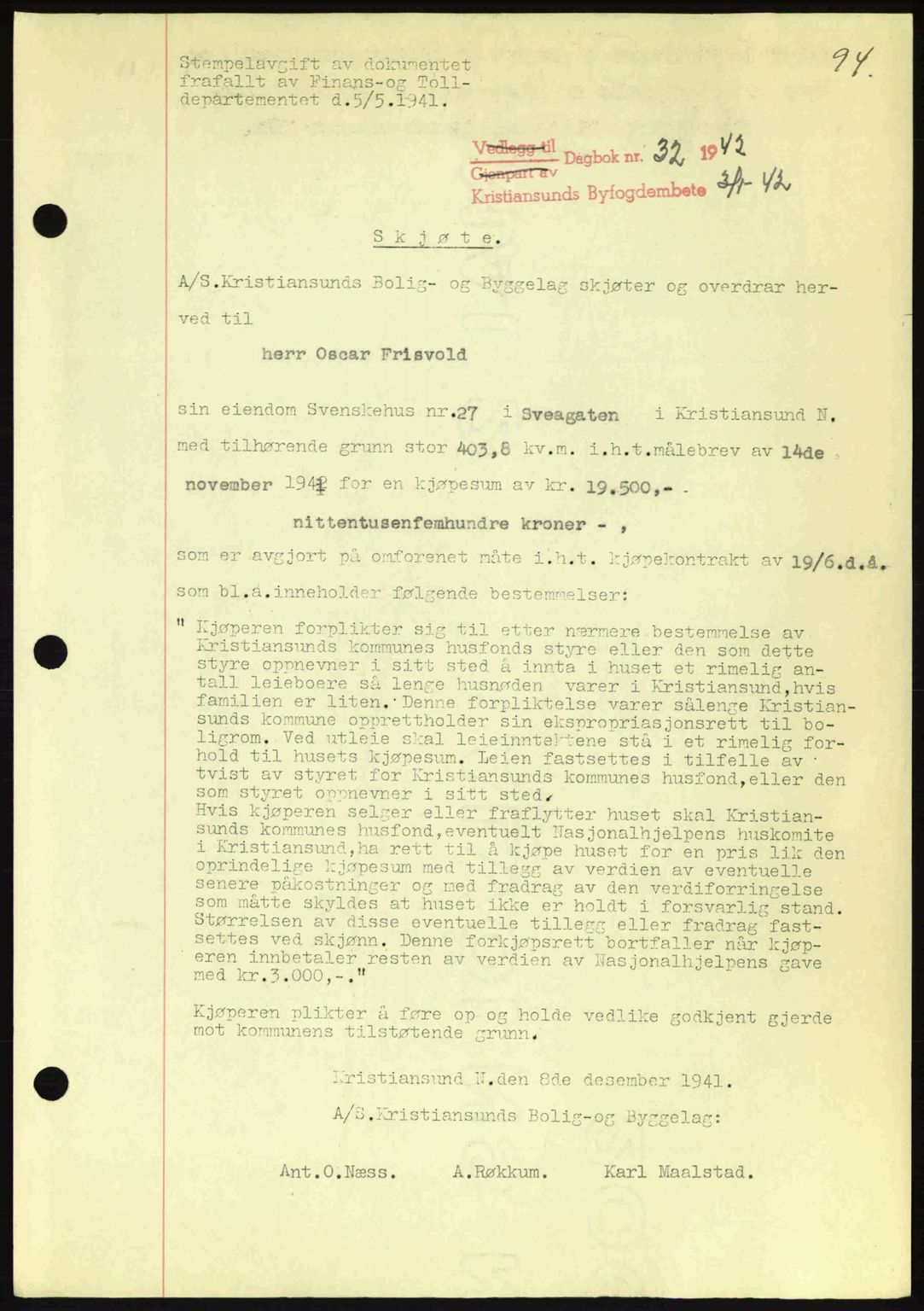 Kristiansund byfogd, AV/SAT-A-4587/A/27: Mortgage book no. 34, 1941-1945, Diary no: : 32/1942