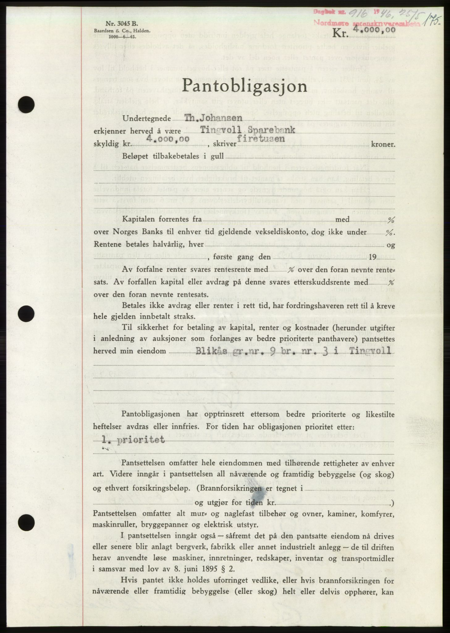 Nordmøre sorenskriveri, AV/SAT-A-4132/1/2/2Ca: Mortgage book no. B94, 1946-1946, Diary no: : 916/1946