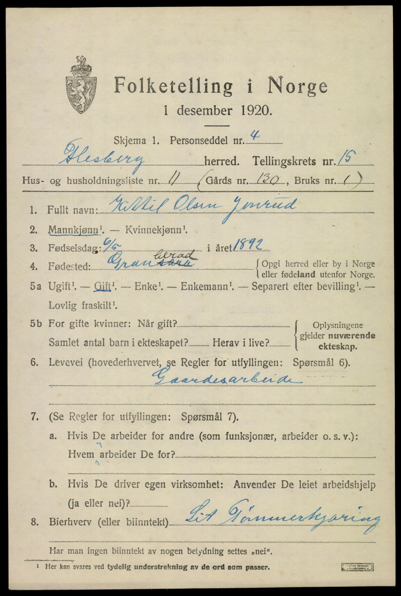 SAKO, 1920 census for Flesberg, 1920, p. 5001