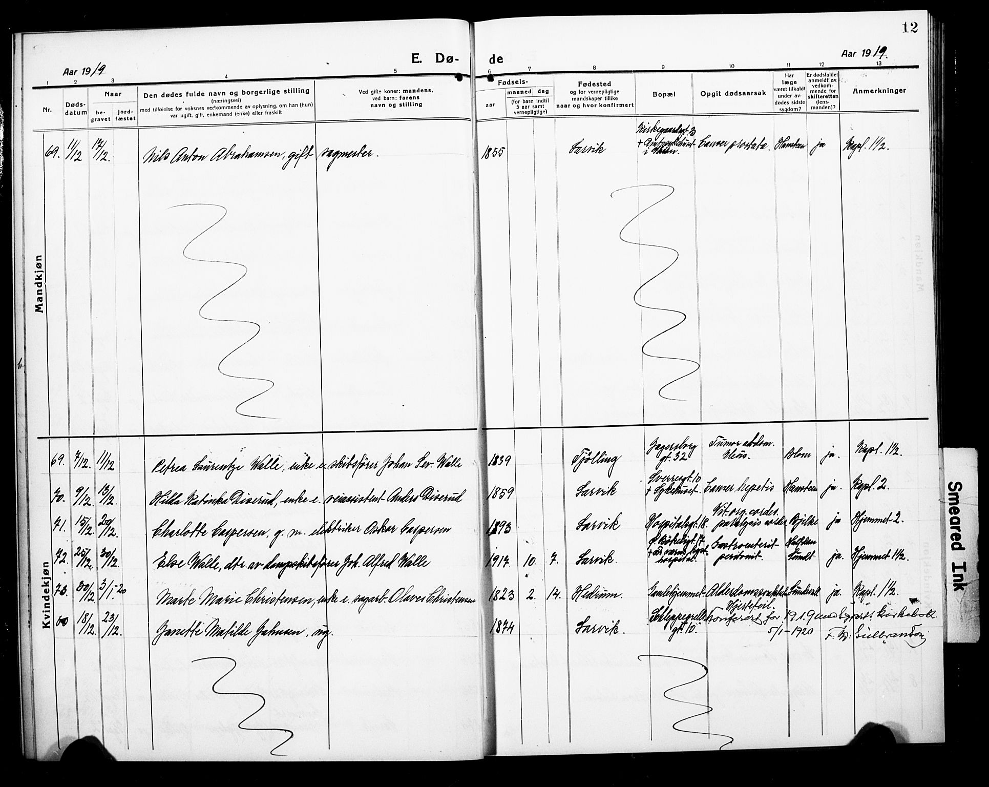 Larvik kirkebøker, AV/SAKO-A-352/G/Ga/L0010: Parish register (copy) no. I 10, 1919-1926, p. 12