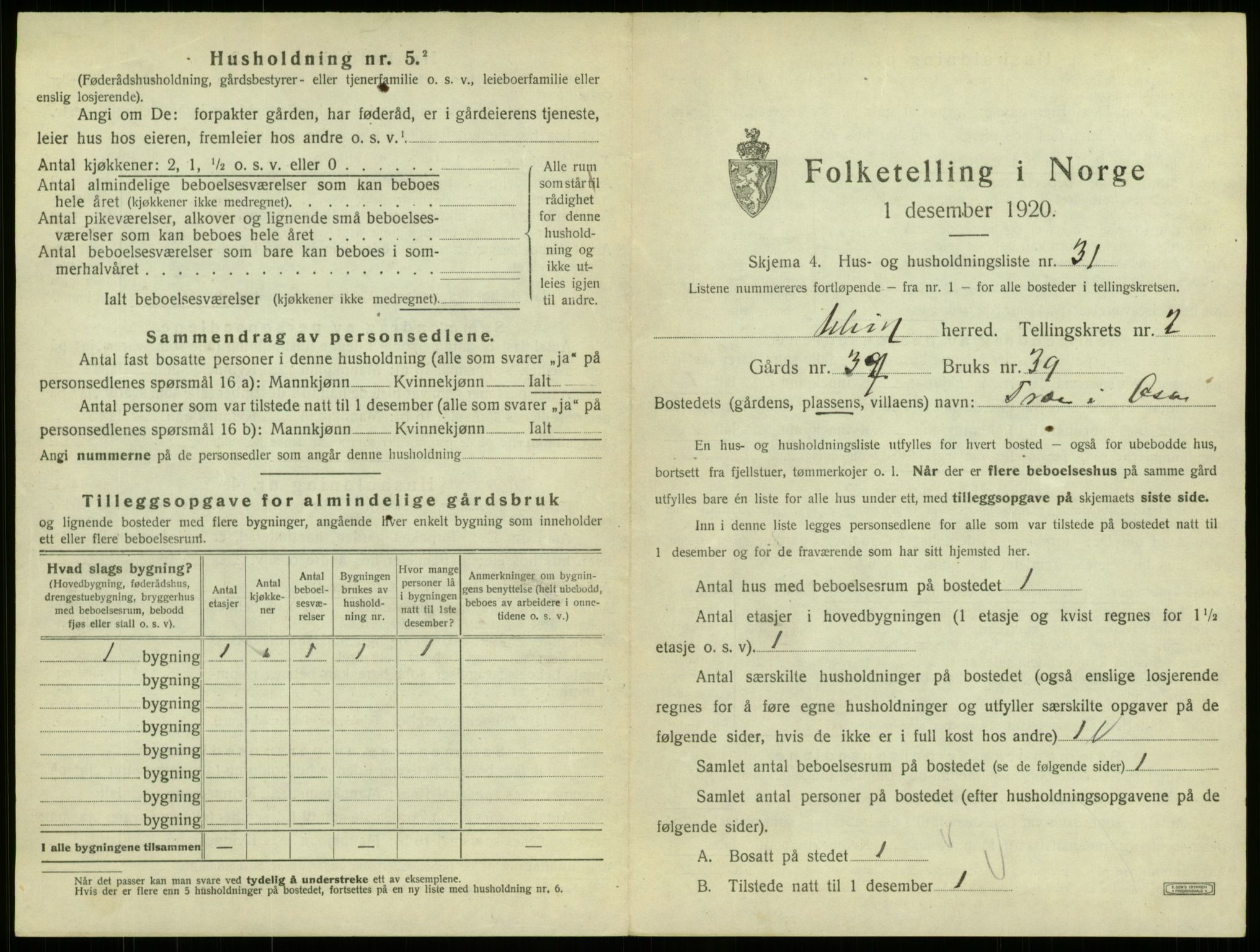 SAB, 1920 census for Ulvik, 1920, p. 33