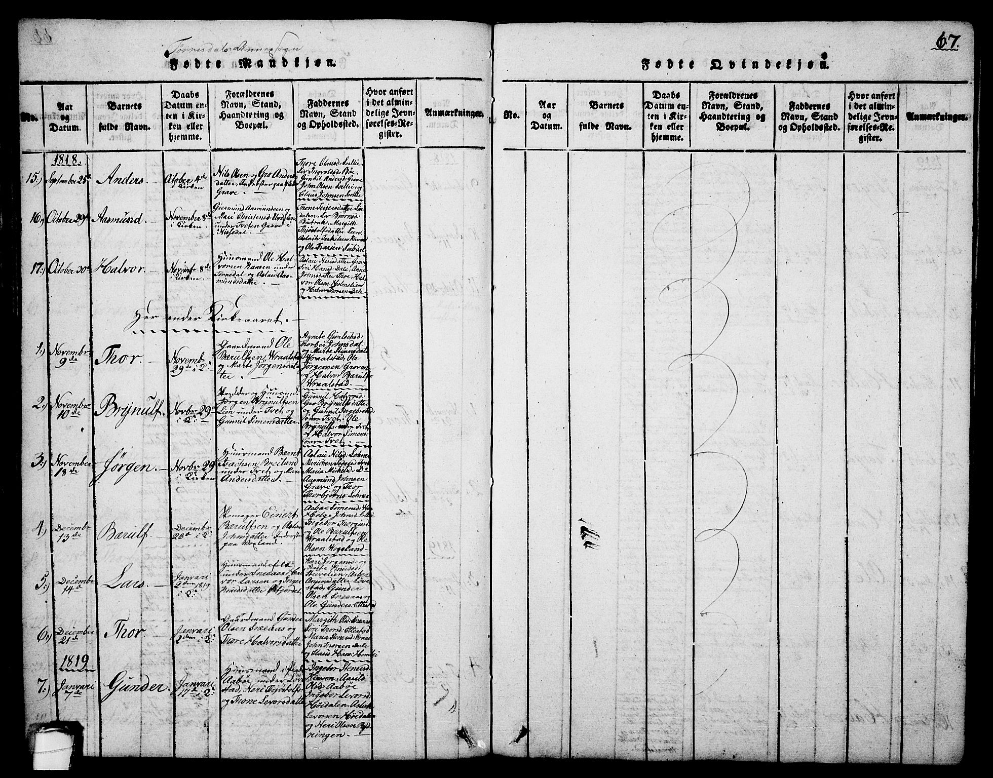 Drangedal kirkebøker, SAKO/A-258/G/Ga/L0001: Parish register (copy) no. I 1 /2, 1814-1856, p. 67