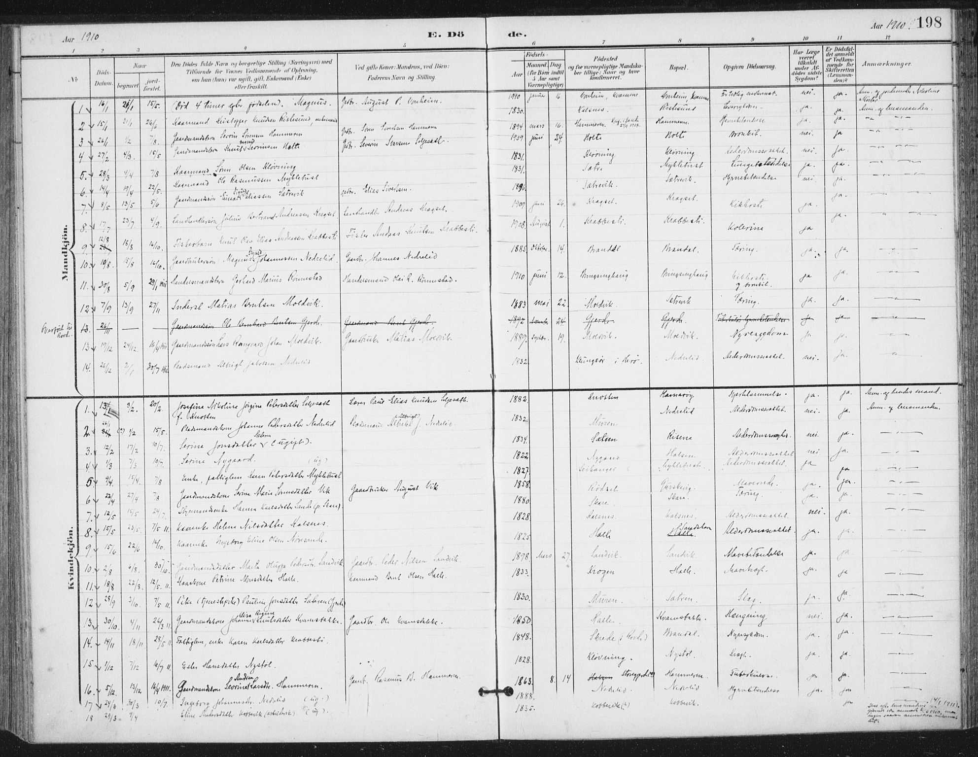 Ministerialprotokoller, klokkerbøker og fødselsregistre - Møre og Romsdal, AV/SAT-A-1454/503/L0038: Parish register (official) no. 503A06, 1901-1917, p. 198