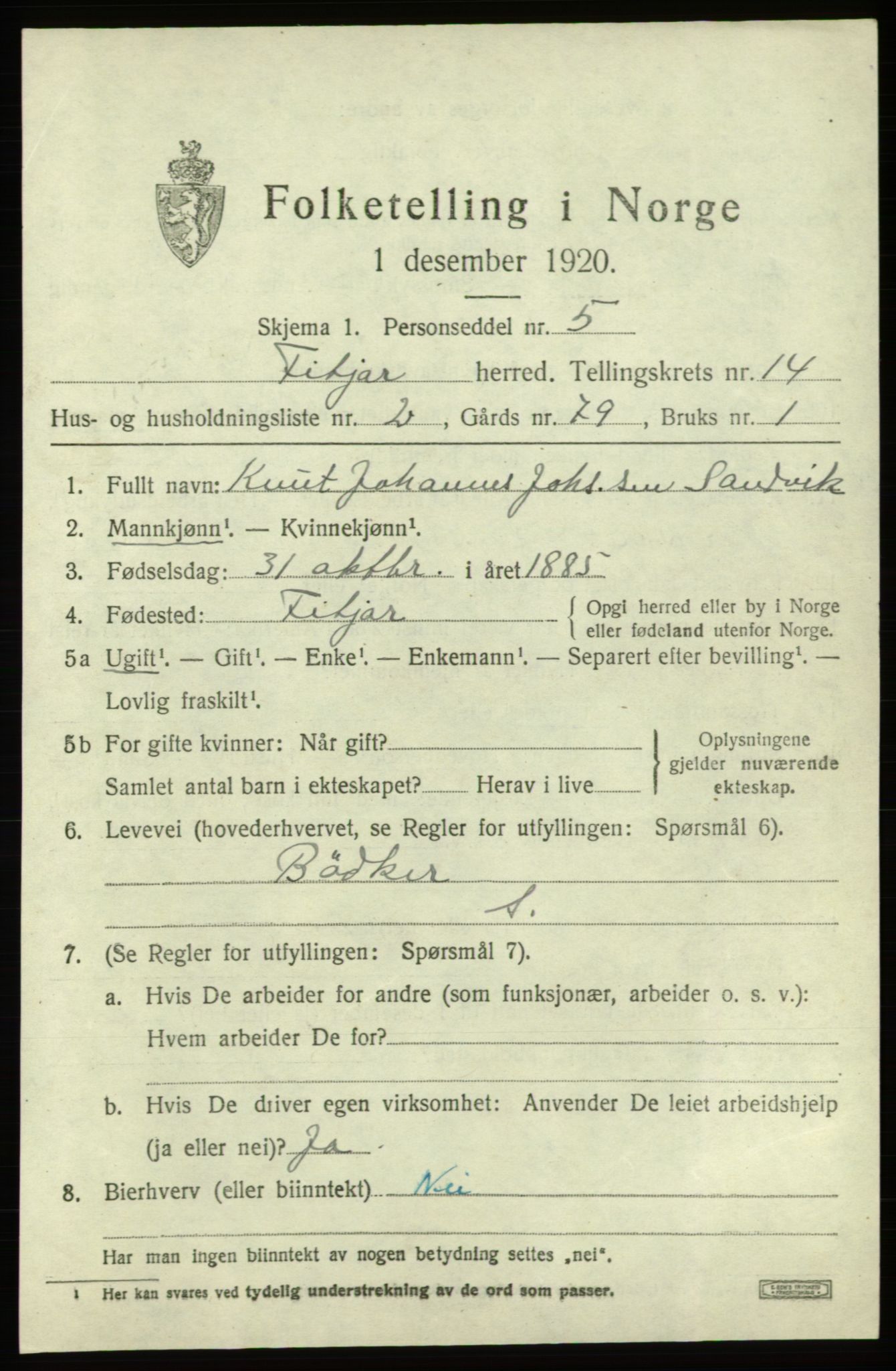 SAB, 1920 census for Fitjar, 1920, p. 5730