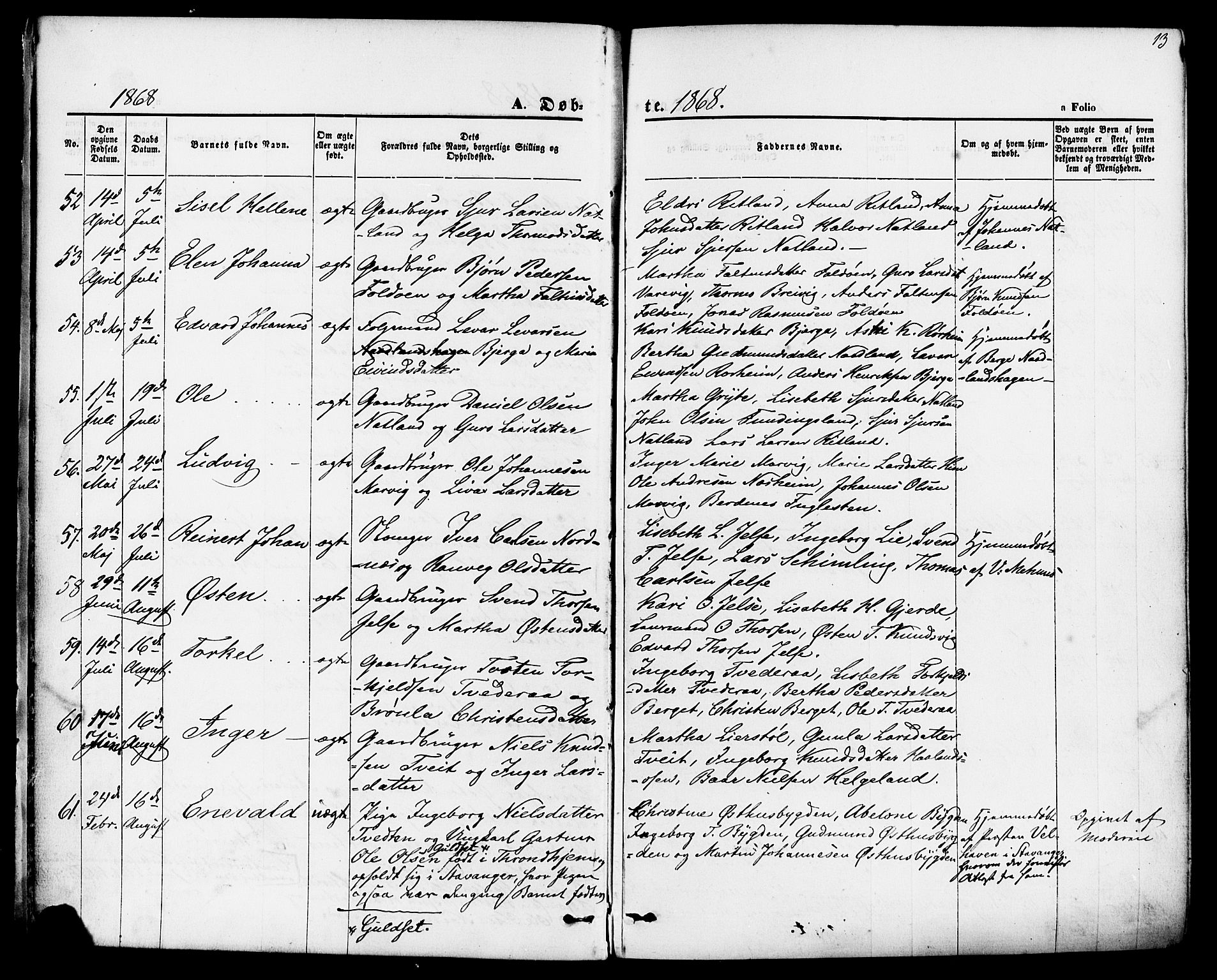 Jelsa sokneprestkontor, AV/SAST-A-101842/01/IV: Parish register (official) no. A 8, 1867-1883, p. 13