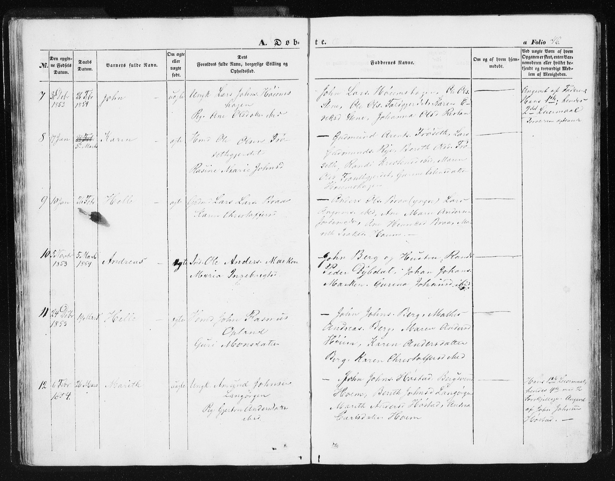 Ministerialprotokoller, klokkerbøker og fødselsregistre - Sør-Trøndelag, SAT/A-1456/612/L0376: Parish register (official) no. 612A08, 1846-1859, p. 46