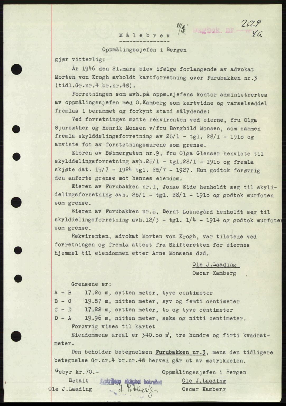 Byfogd og Byskriver i Bergen, SAB/A-3401/03/03Bc/L0022: Mortgage book no. A18, 1946-1946, Diary no: : 2629/1946