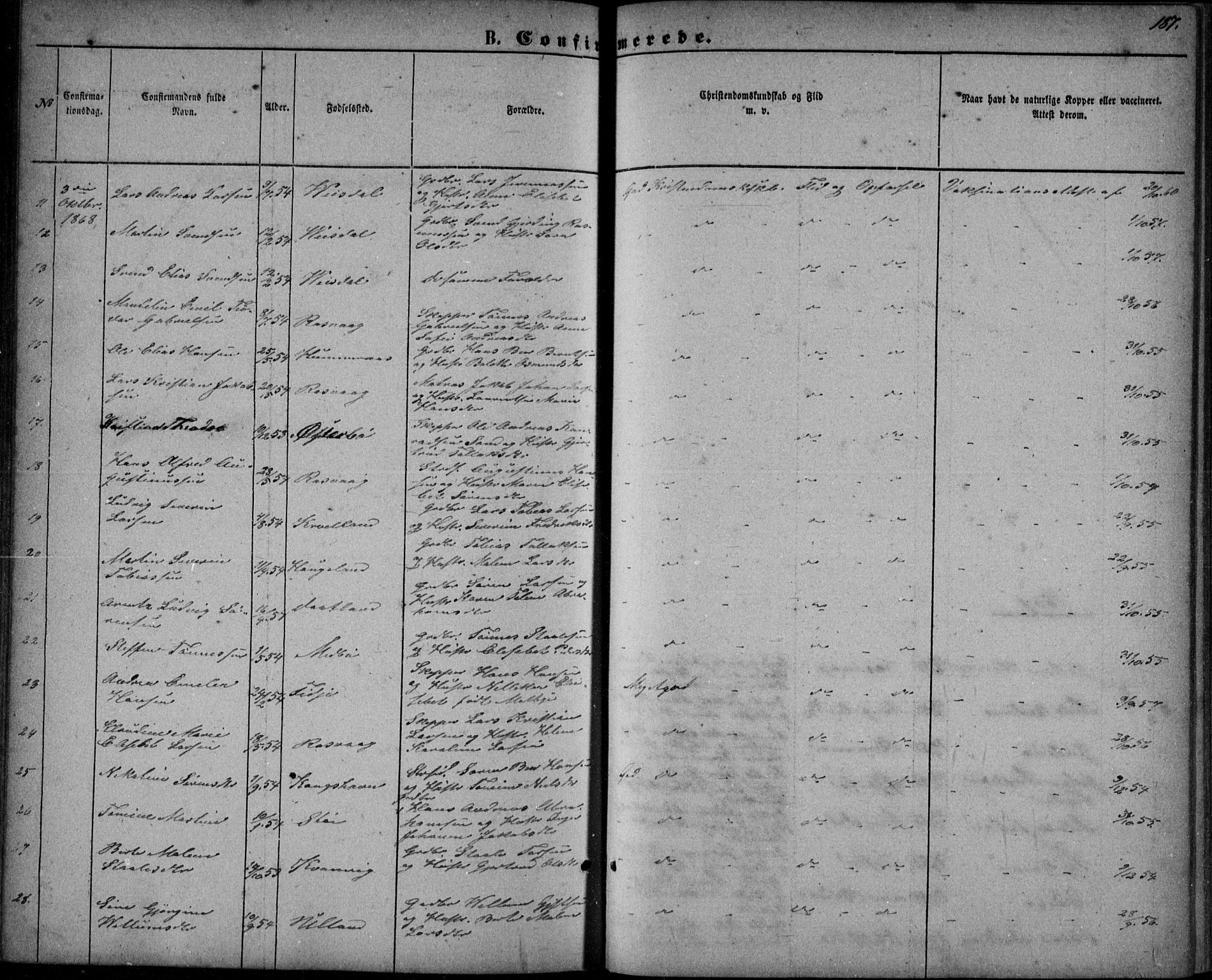 Flekkefjord sokneprestkontor, AV/SAK-1111-0012/F/Fb/Fbb/L0003: Parish register (copy) no. B 3, 1867-1889, p. 187