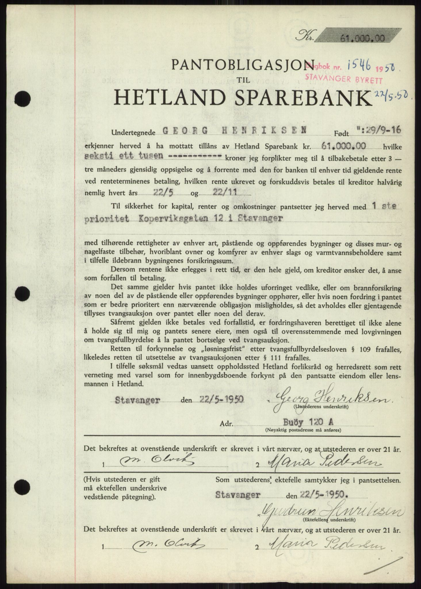 Stavanger byrett, SAST/A-100455/002/G/Gb/L0032: Mortgage book, 1947-1950, Diary no: : 1546/1950