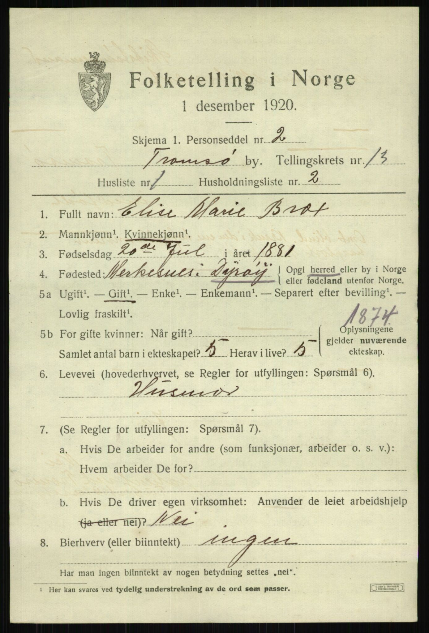 SATØ, 1920 census for Tromsø, 1920, p. 24825