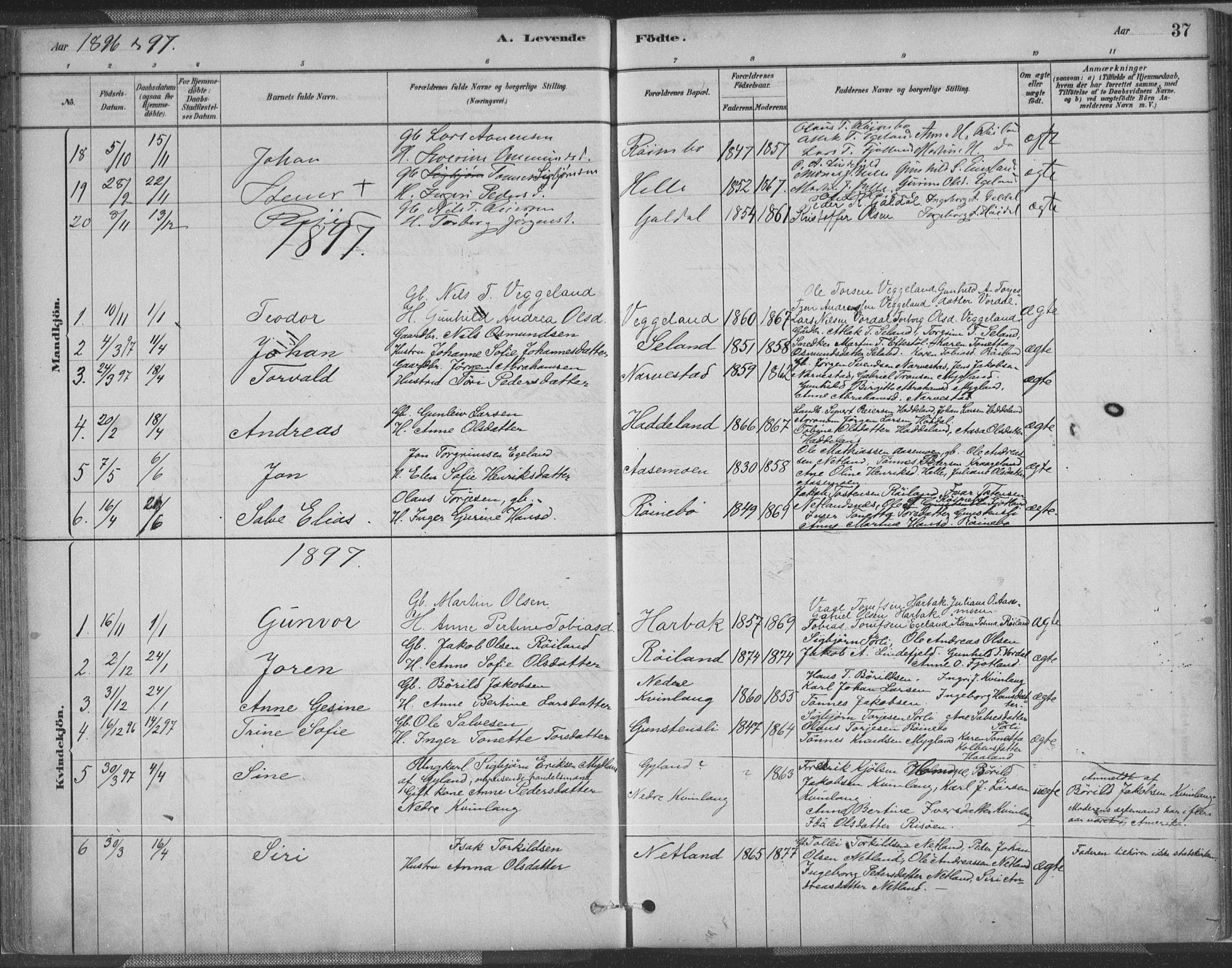 Fjotland sokneprestkontor, AV/SAK-1111-0010/F/Fa/L0002: Parish register (official) no. A 2, 1880-1898, p. 37