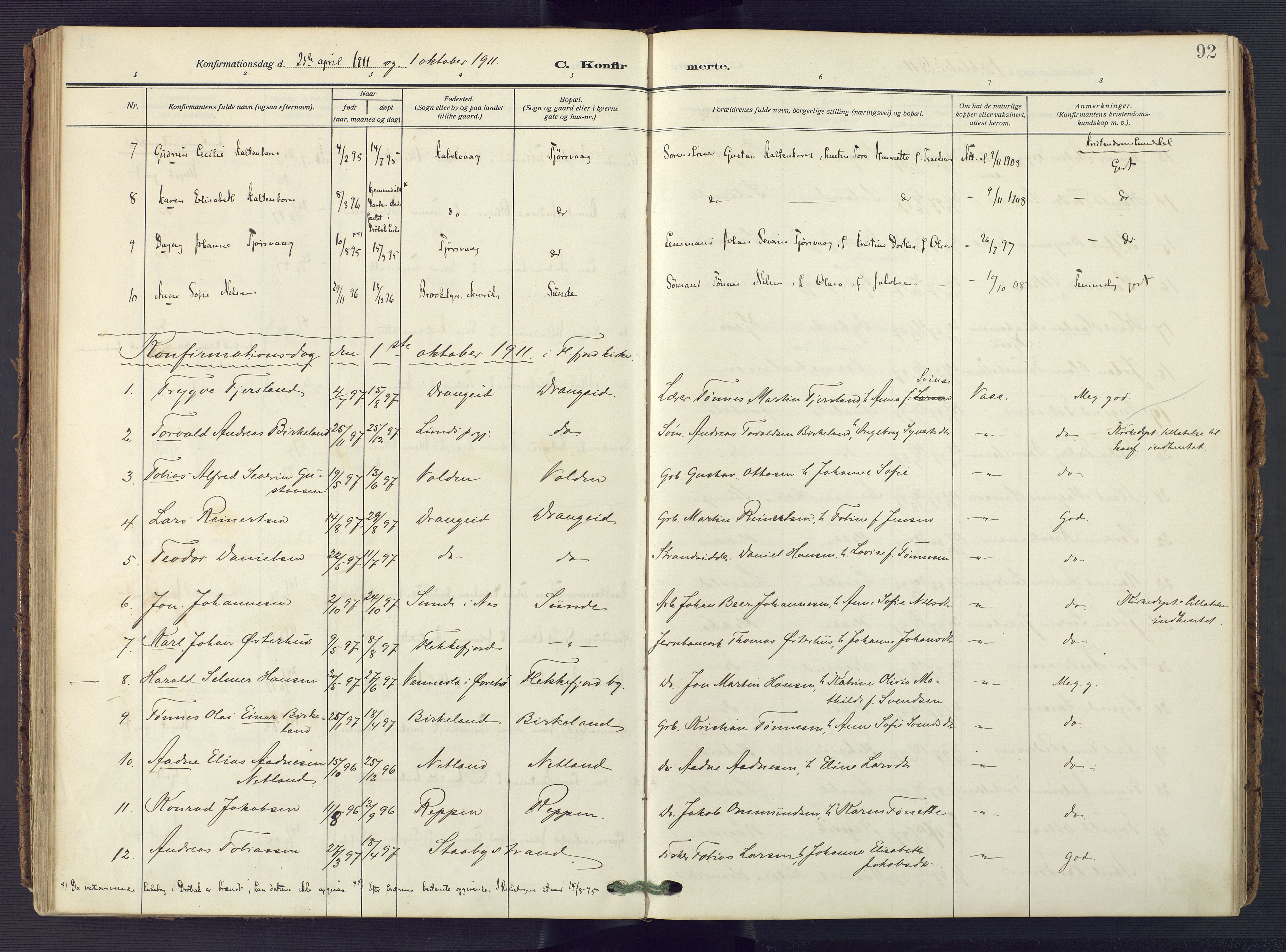 Flekkefjord sokneprestkontor, AV/SAK-1111-0012/F/Fa/Fac/L0010: Parish register (official) no. A 10, 1910-1927, p. 92