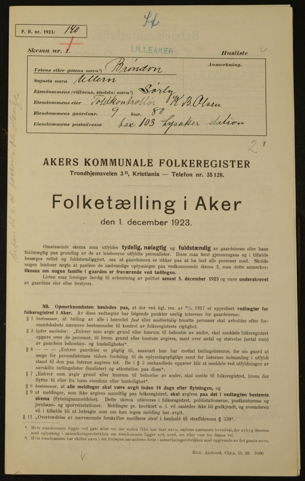 , Municipal Census 1923 for Aker, 1923, p. 796