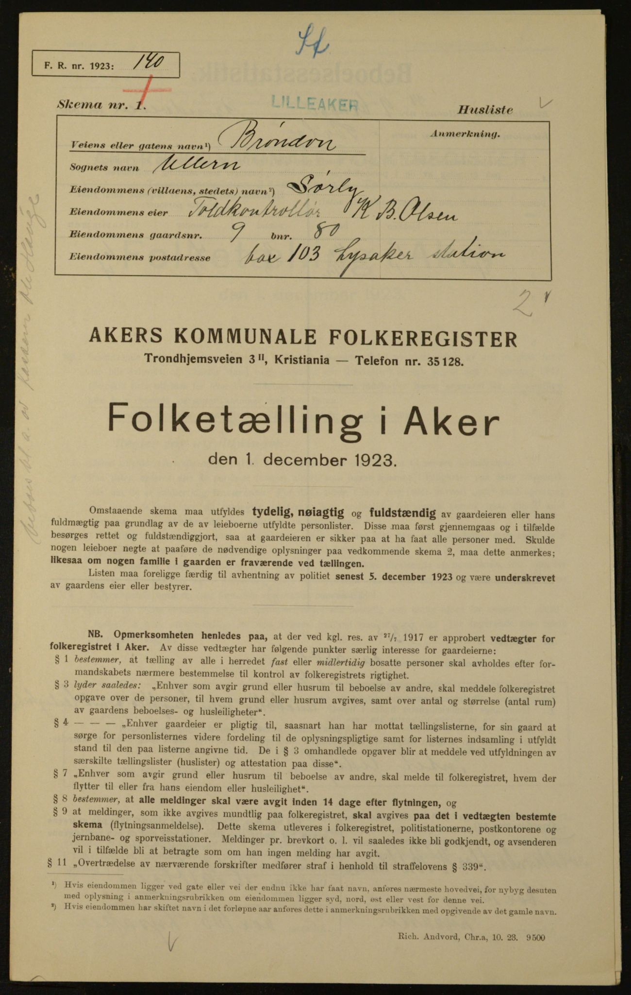 , Municipal Census 1923 for Aker, 1923, p. 796