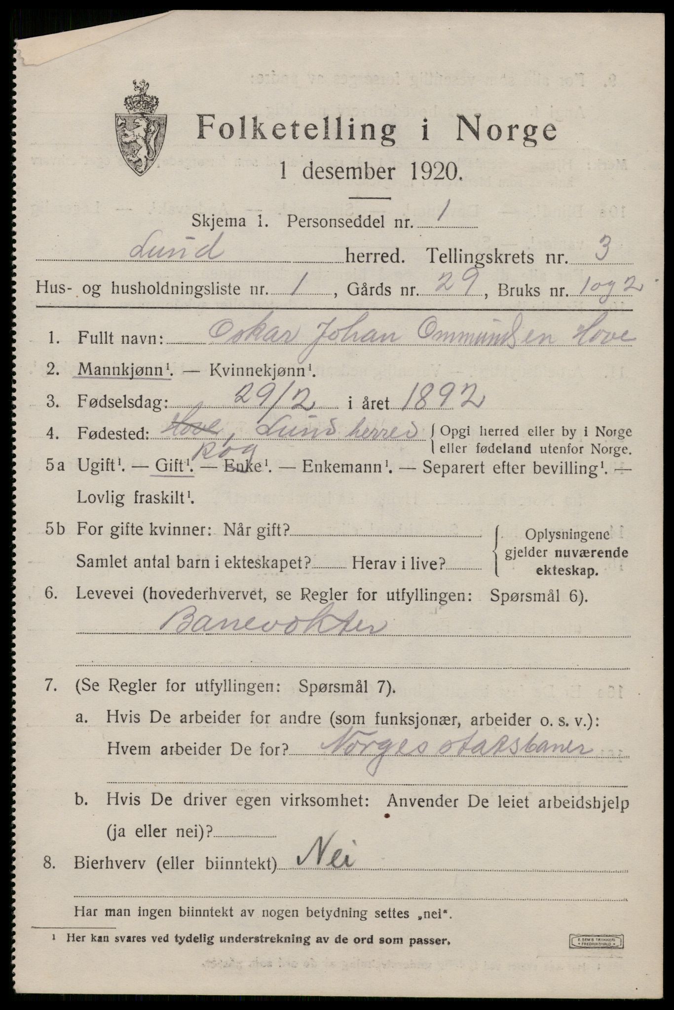 SAST, 1920 census for Lund, 1920, p. 1304