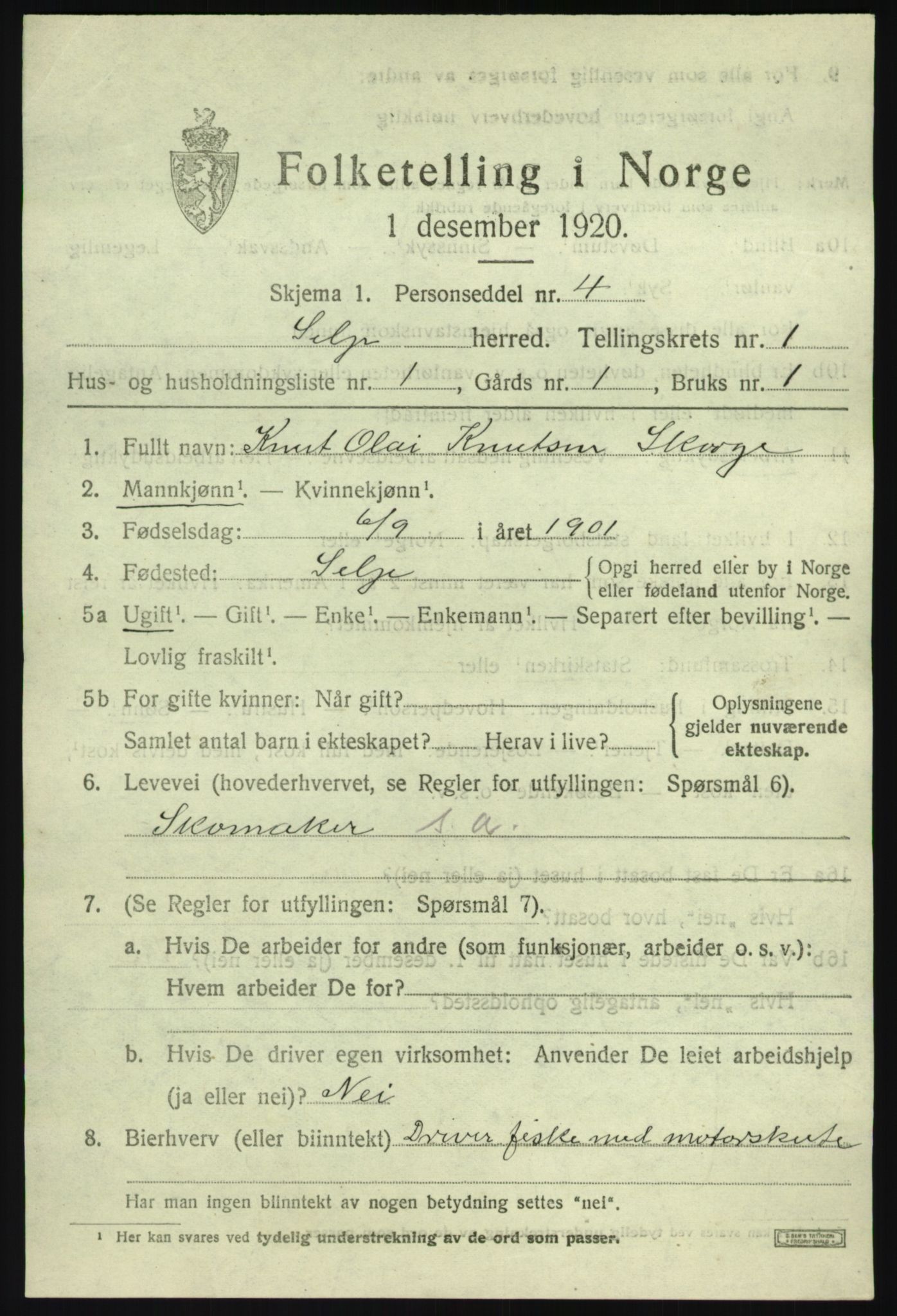 SAB, 1920 census for Selje, 1920, p. 1201