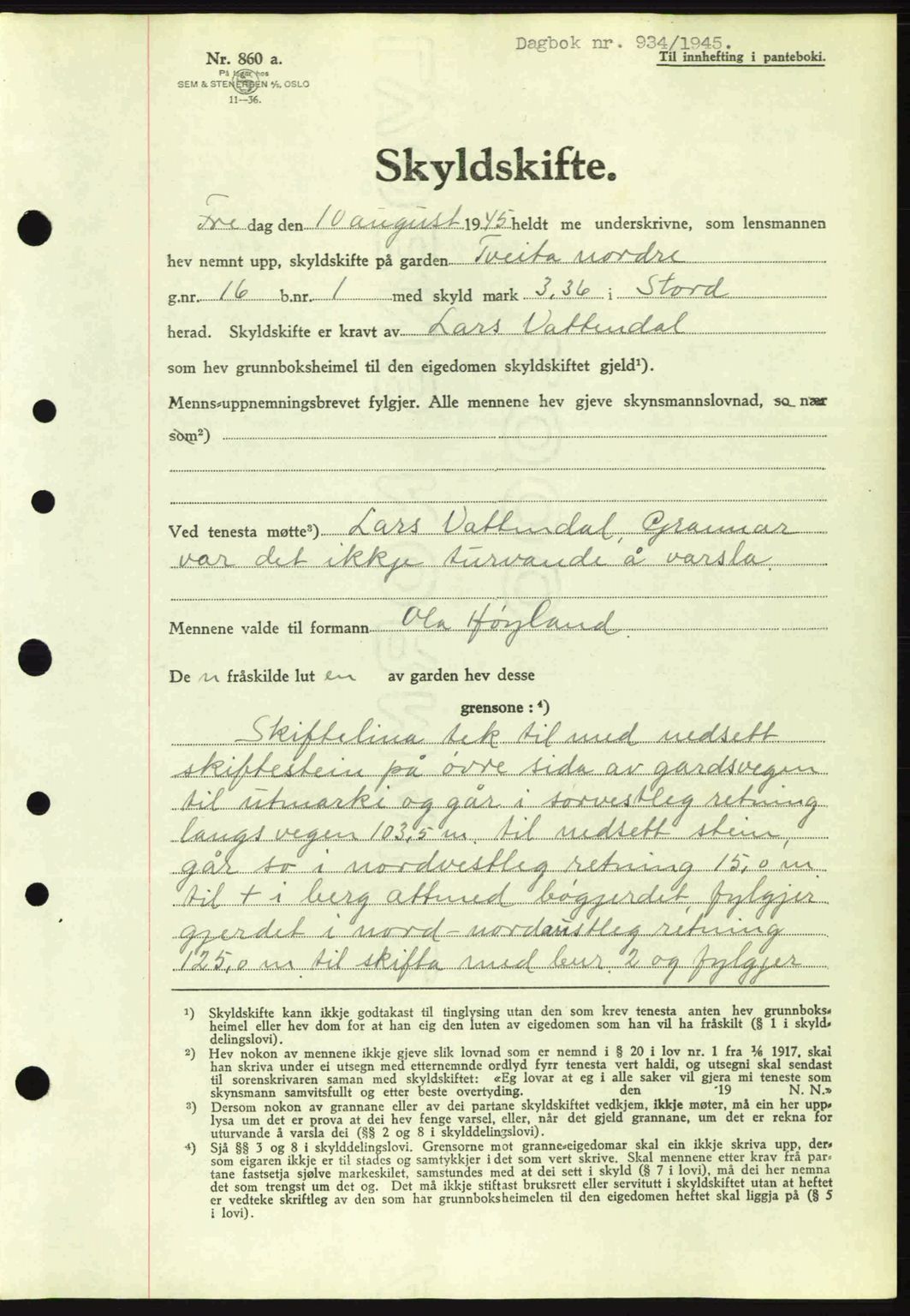 Sunnhordland sorenskrivar, AV/SAB-A-2401: Mortgage book no. A77, 1945-1945, Diary no: : 934/1945