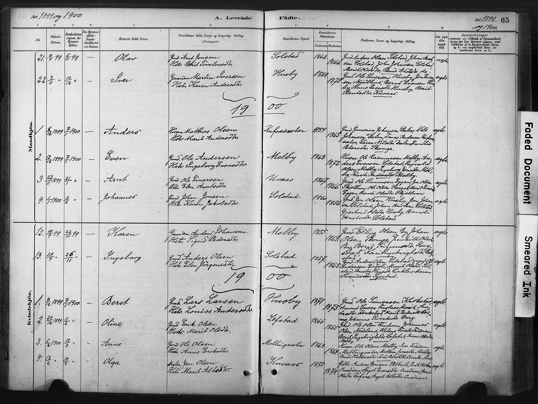 Ministerialprotokoller, klokkerbøker og fødselsregistre - Sør-Trøndelag, SAT/A-1456/667/L0795: Parish register (official) no. 667A03, 1879-1907, p. 65