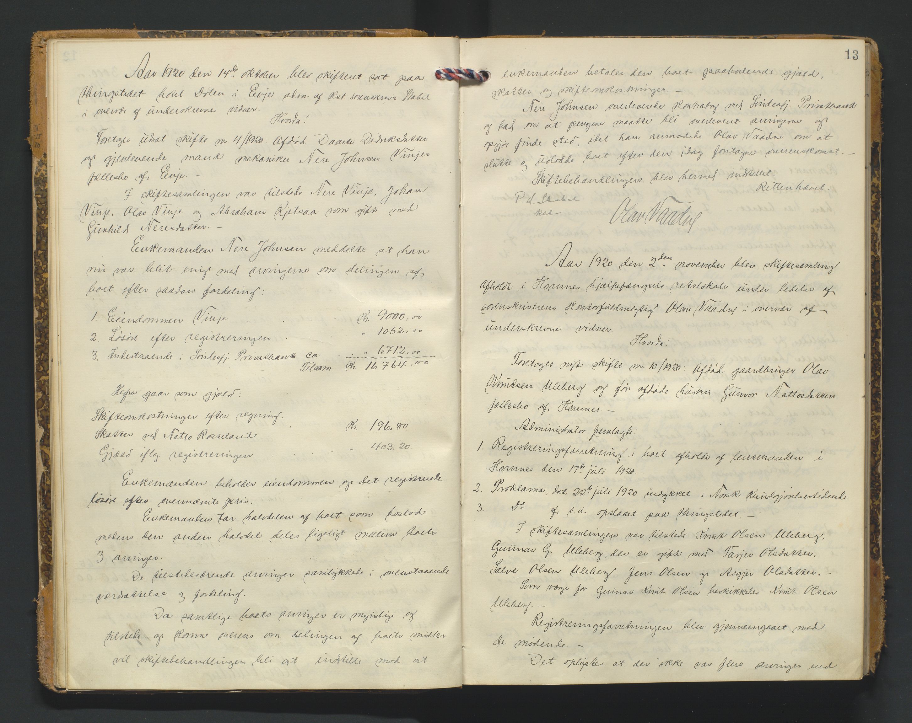 Setesdal sorenskriveri, AV/SAK-1221-0011/H/Hc/L0040: Skifteforhandlingsprotokoll nr 12, 1920-1927, p. 13