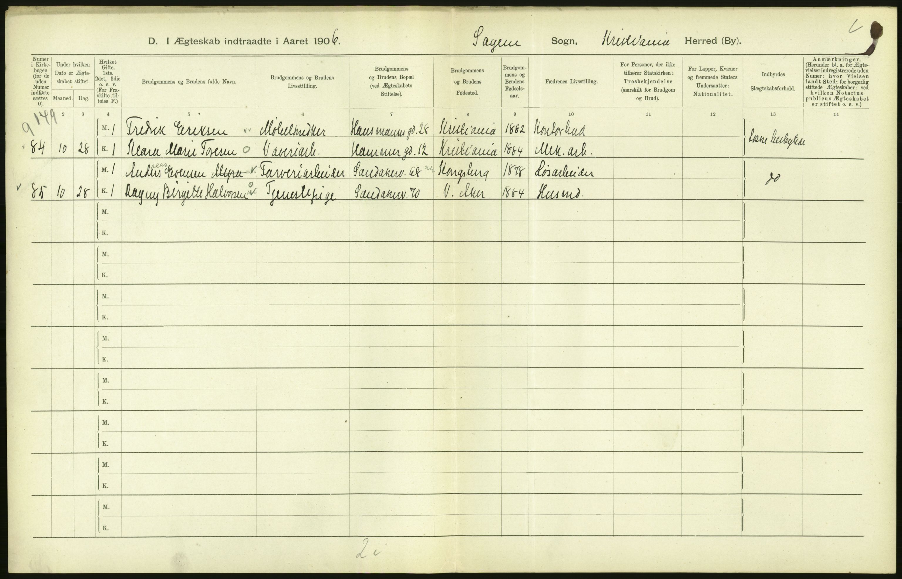 Statistisk sentralbyrå, Sosiodemografiske emner, Befolkning, AV/RA-S-2228/D/Df/Dfa/Dfad/L0008: Kristiania: Gifte, 1906, p. 418