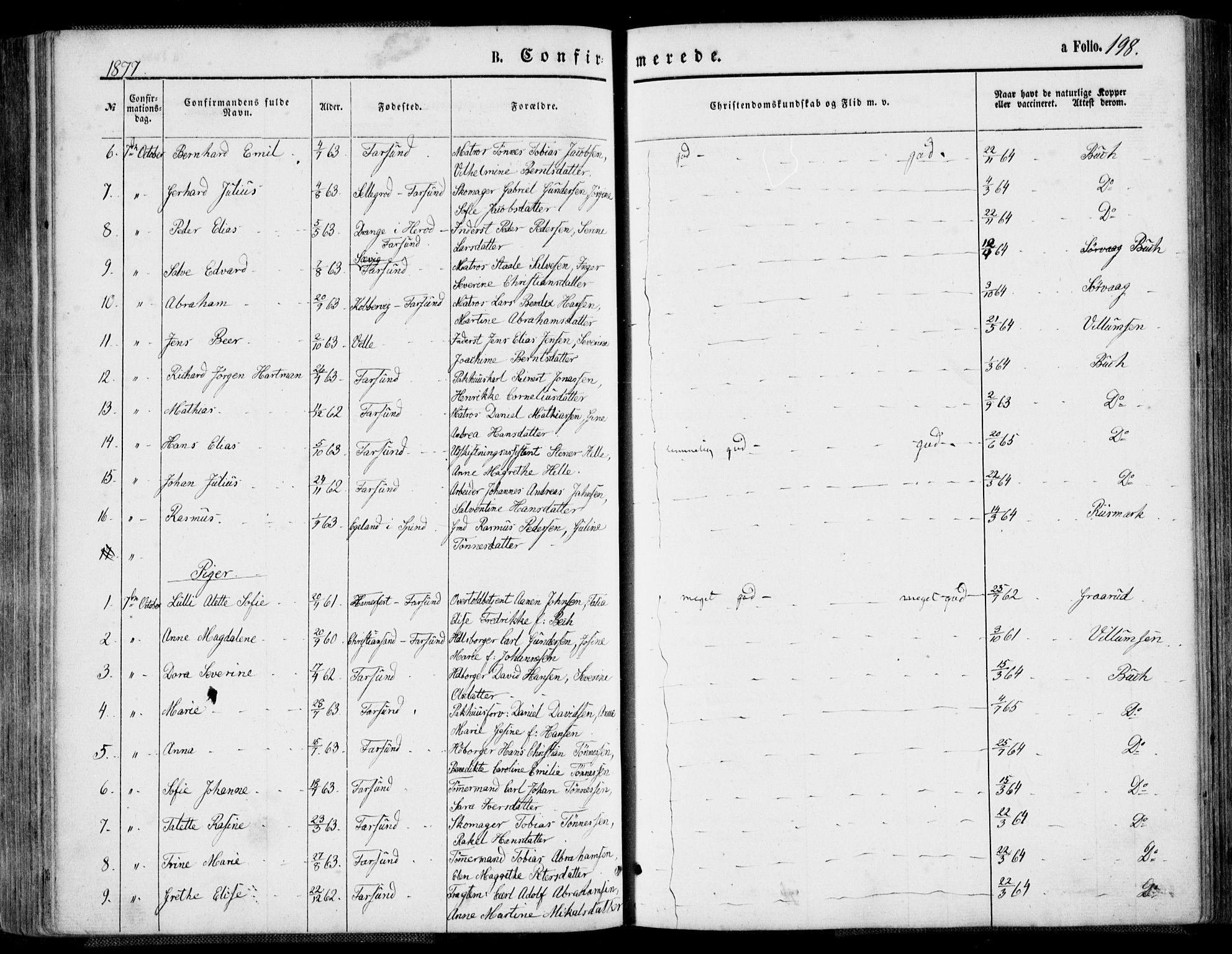 Farsund sokneprestkontor, AV/SAK-1111-0009/F/Fa/L0005: Parish register (official) no. A 5, 1863-1886, p. 198