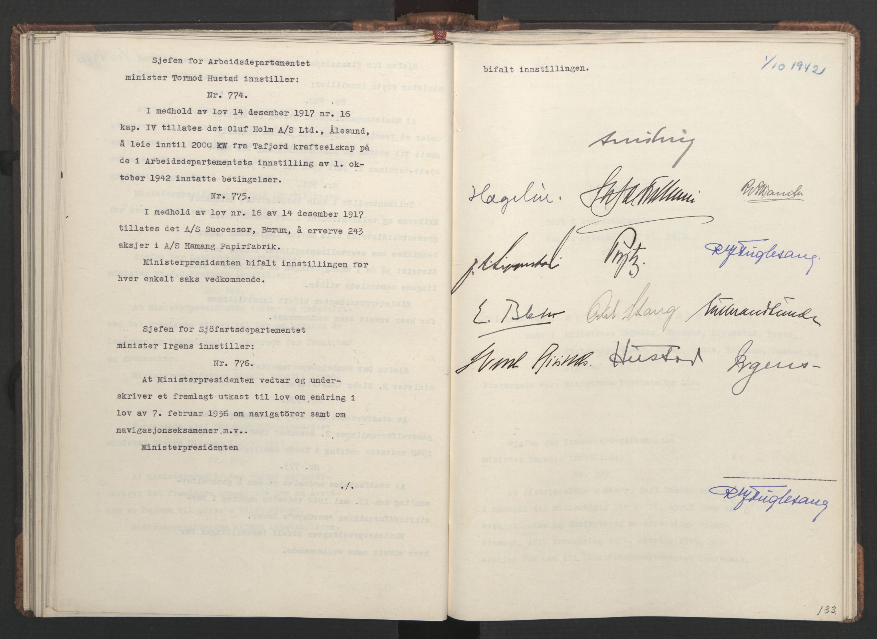 NS-administrasjonen 1940-1945 (Statsrådsekretariatet, de kommisariske statsråder mm), RA/S-4279/D/Da/L0001: Beslutninger og tillegg (1-952 og 1-32), 1942, p. 136