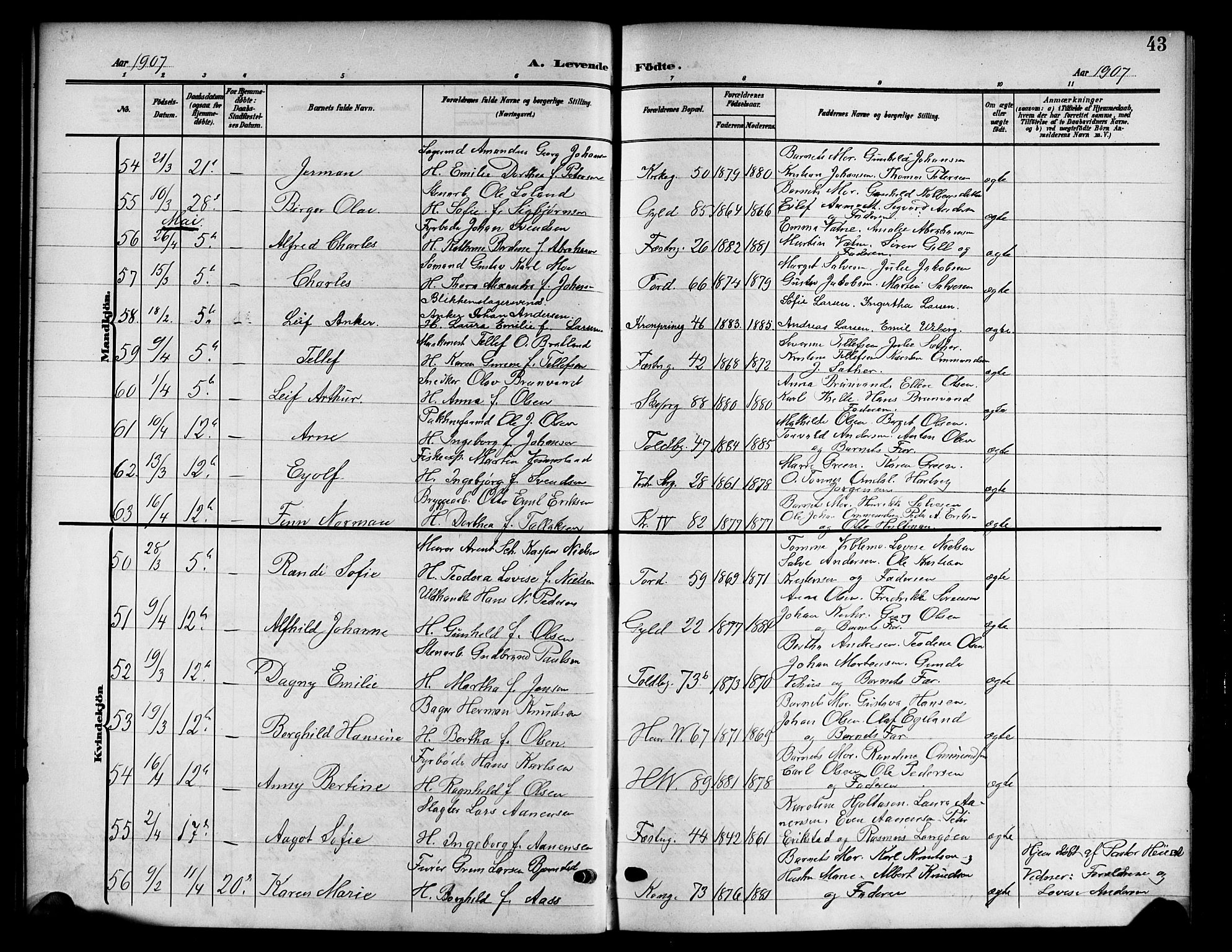Kristiansand domprosti, AV/SAK-1112-0006/F/Fb/L0019: Parish register (copy) no. B 19, 1905-1914, p. 43