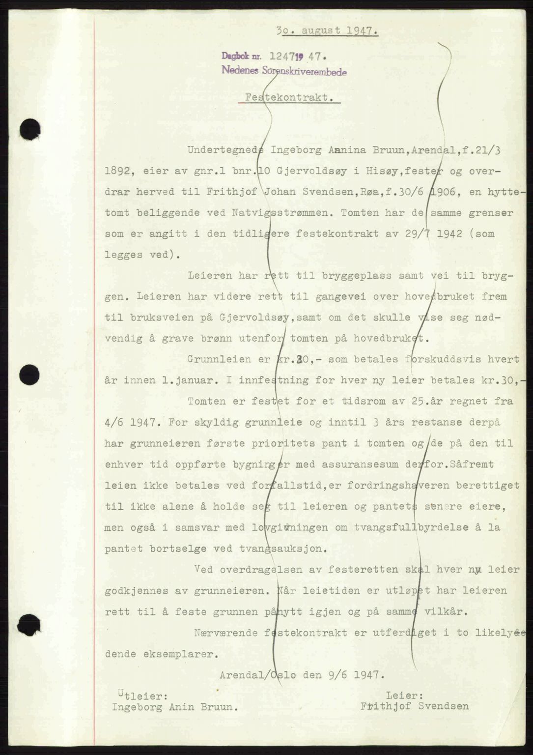 Nedenes sorenskriveri, SAK/1221-0006/G/Gb/Gba/L0057: Mortgage book no. A9, 1947-1947, Diary no: : 1247/1947