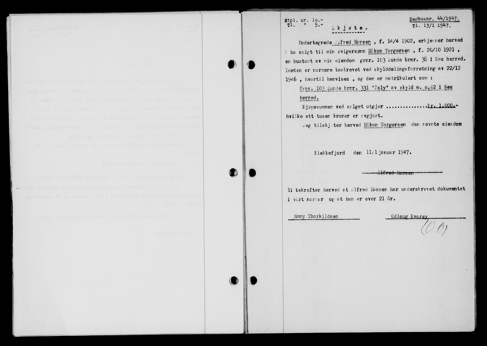 Flekkefjord sorenskriveri, SAK/1221-0001/G/Gb/Gba/L0061: Mortgage book no. A-9, 1946-1947, Diary no: : 44/1947