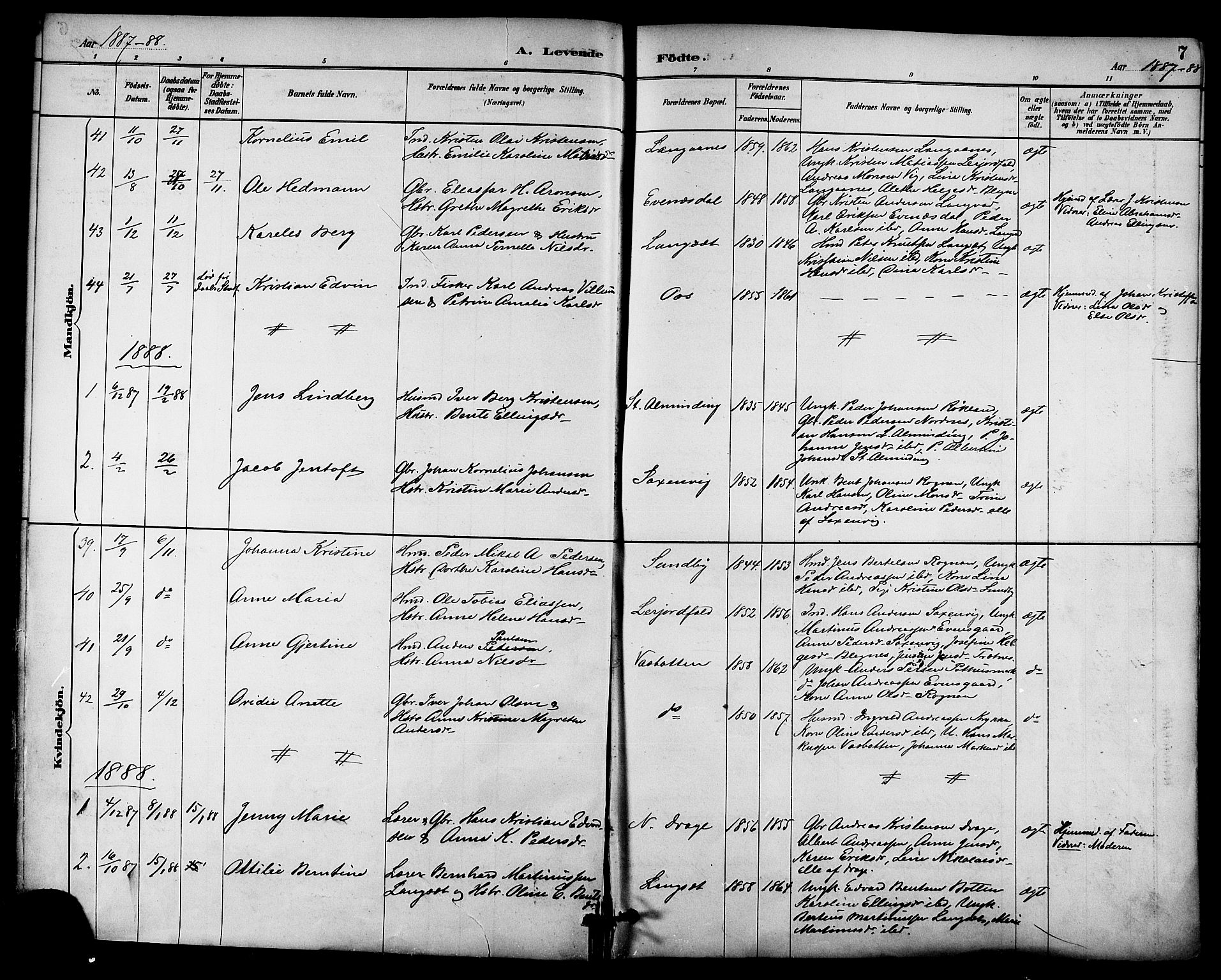 Ministerialprotokoller, klokkerbøker og fødselsregistre - Nordland, AV/SAT-A-1459/847/L0669: Parish register (official) no. 847A09, 1887-1901, p. 7