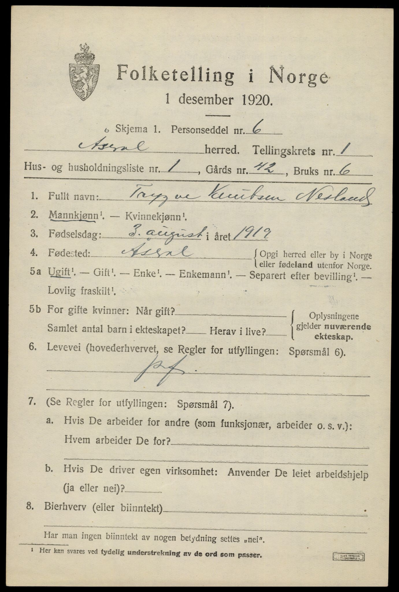 SAK, 1920 census for Åseral, 1920, p. 526
