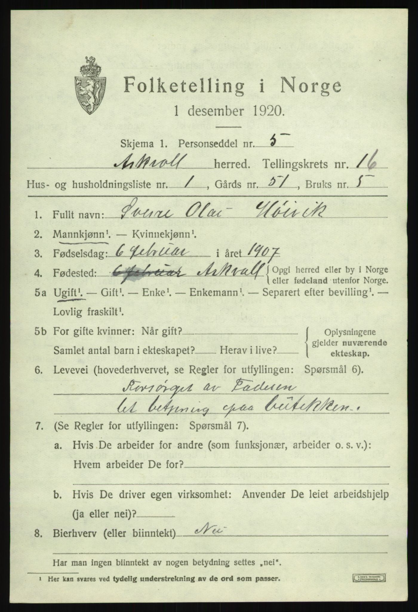 SAB, 1920 census for Askvoll, 1920, p. 5956