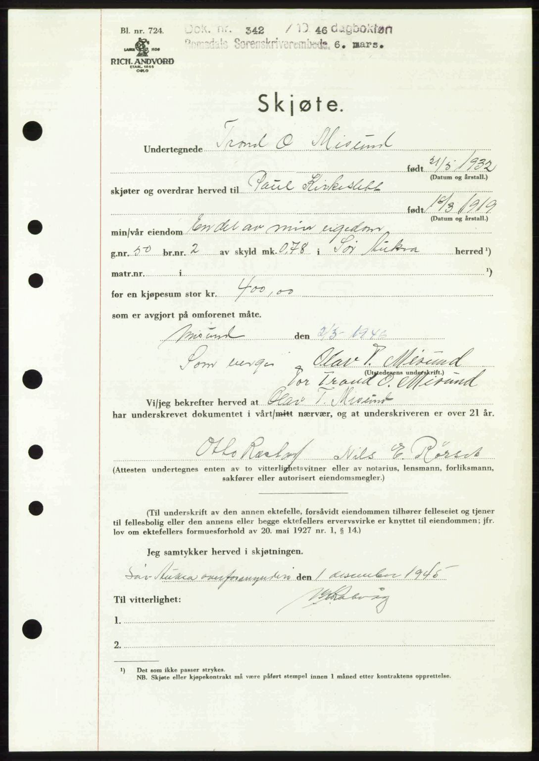 Romsdal sorenskriveri, SAT/A-4149/1/2/2C: Mortgage book no. A19, 1946-1946, Diary no: : 342/1946