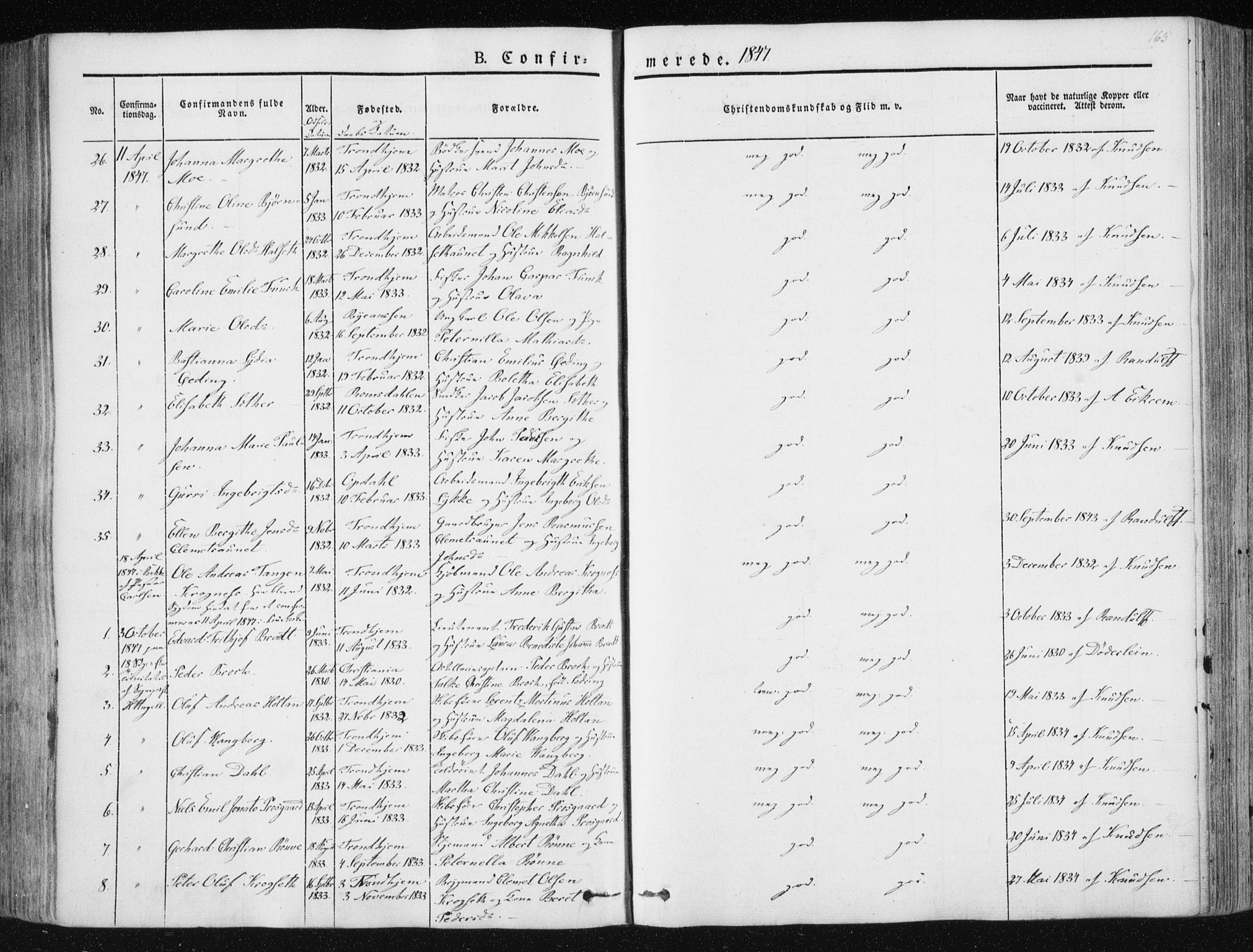 Ministerialprotokoller, klokkerbøker og fødselsregistre - Sør-Trøndelag, SAT/A-1456/602/L0110: Parish register (official) no. 602A08, 1840-1854, p. 165