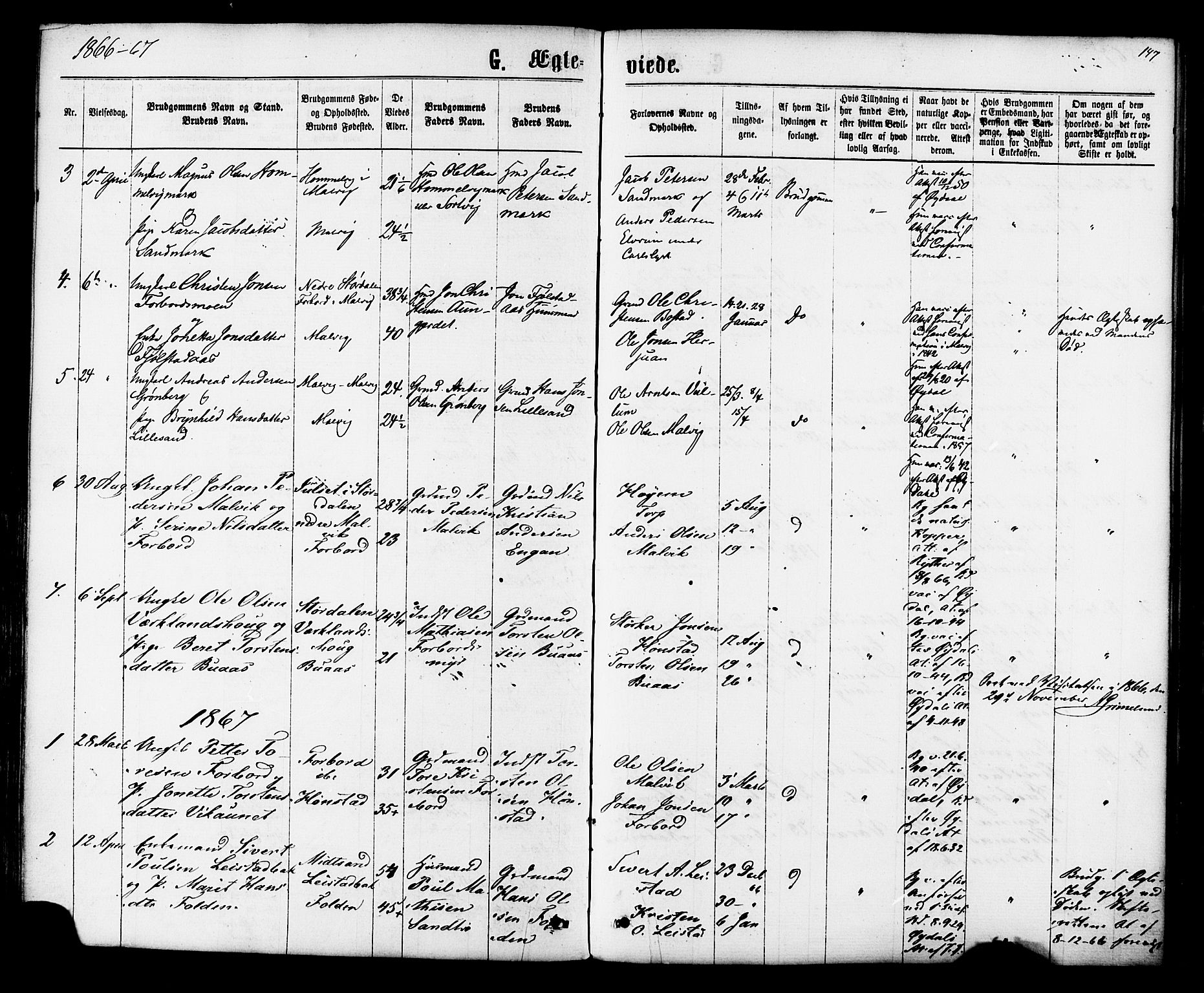 Ministerialprotokoller, klokkerbøker og fødselsregistre - Sør-Trøndelag, SAT/A-1456/616/L0409: Parish register (official) no. 616A06, 1865-1877, p. 147