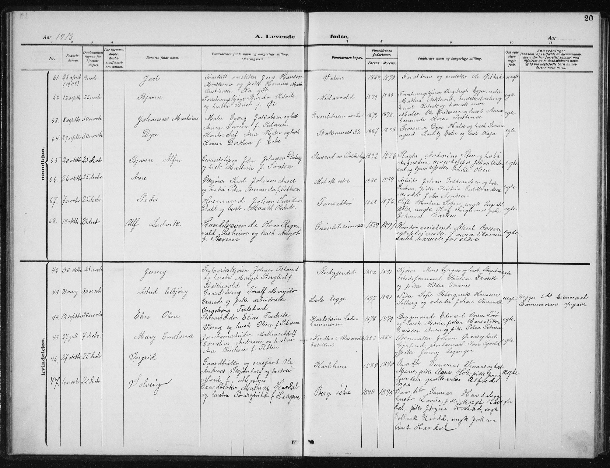 Ministerialprotokoller, klokkerbøker og fødselsregistre - Sør-Trøndelag, SAT/A-1456/606/L0314: Parish register (copy) no. 606C10, 1911-1937, p. 20
