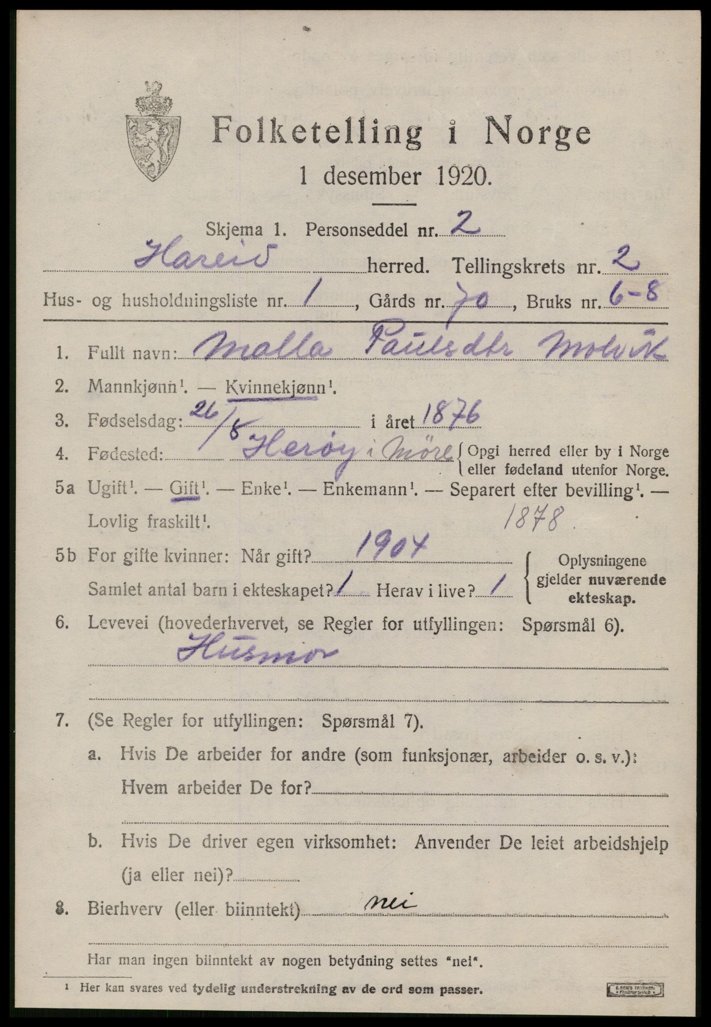 SAT, 1920 census for Hareid, 1920, p. 937