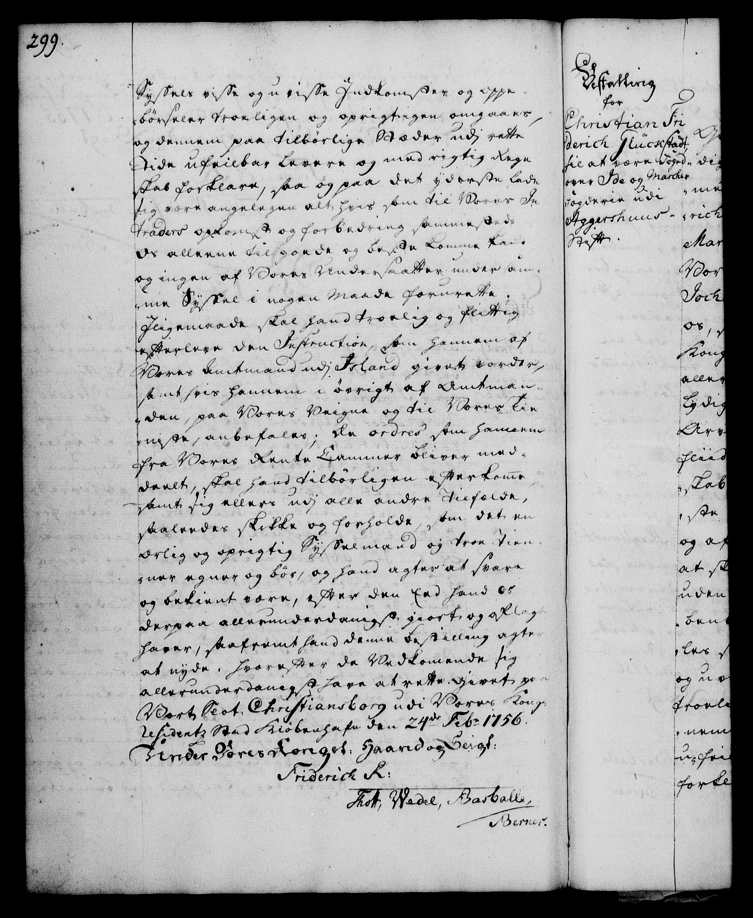 Rentekammeret, Kammerkanselliet, RA/EA-3111/G/Gg/Gge/L0003: Norsk bestallingsprotokoll med register (merket RK 53.27), 1745-1761, p. 299