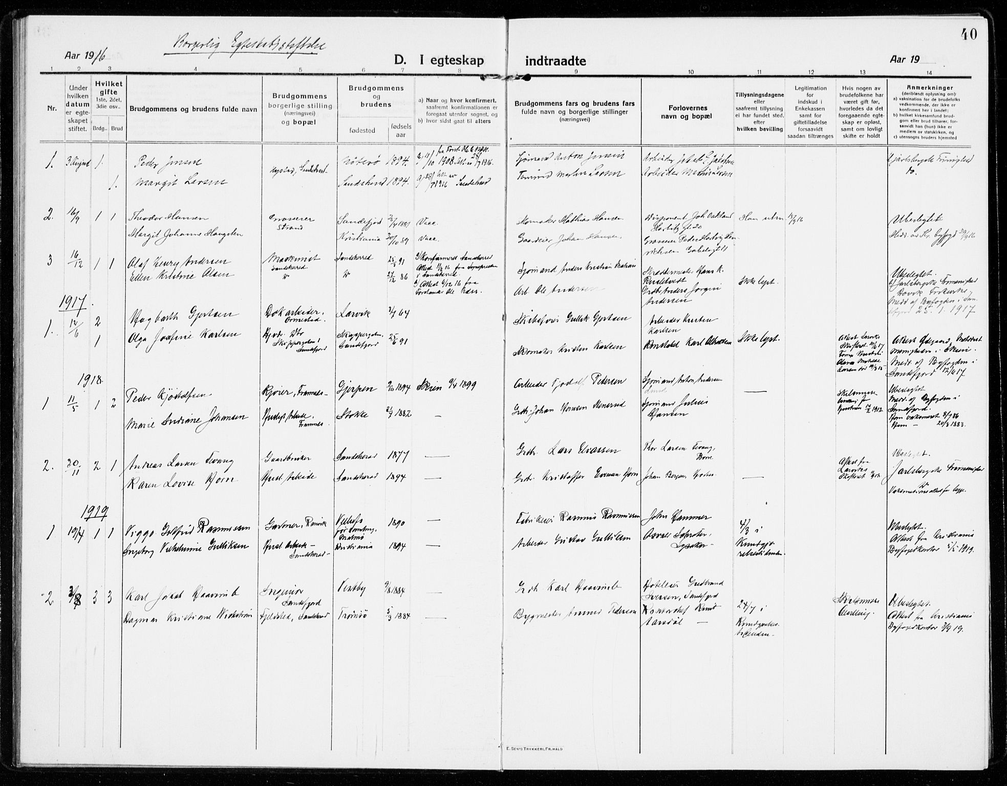 Sandar kirkebøker, SAKO/A-243/F/Fa/L0020: Parish register (official) no. 20, 1915-1919, p. 40