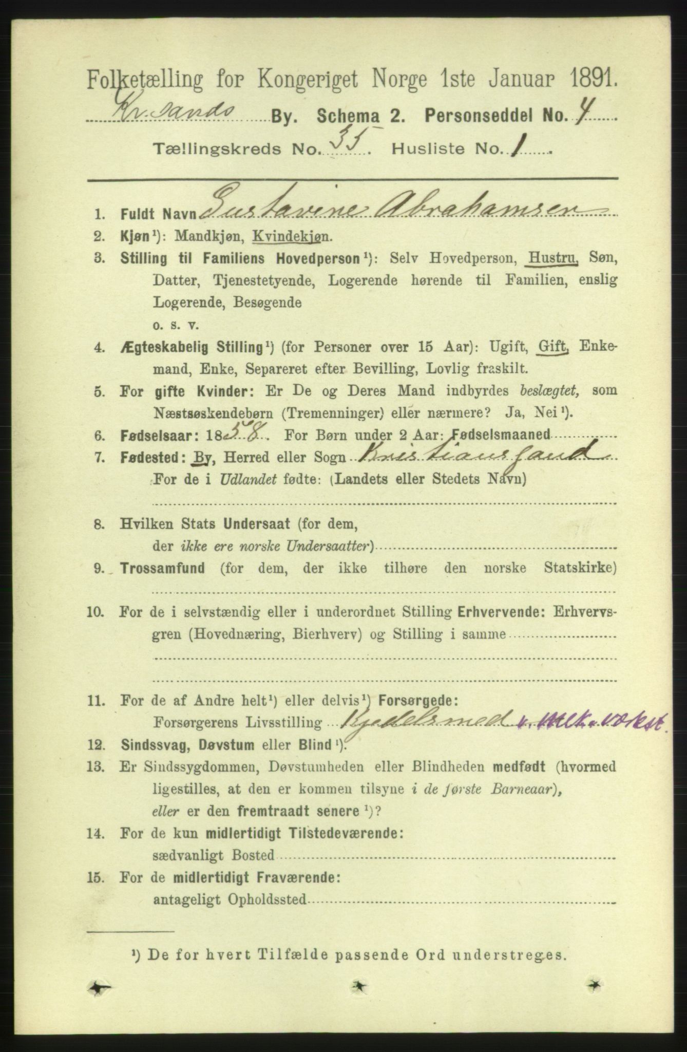 RA, 1891 census for 1001 Kristiansand, 1891, p. 11015