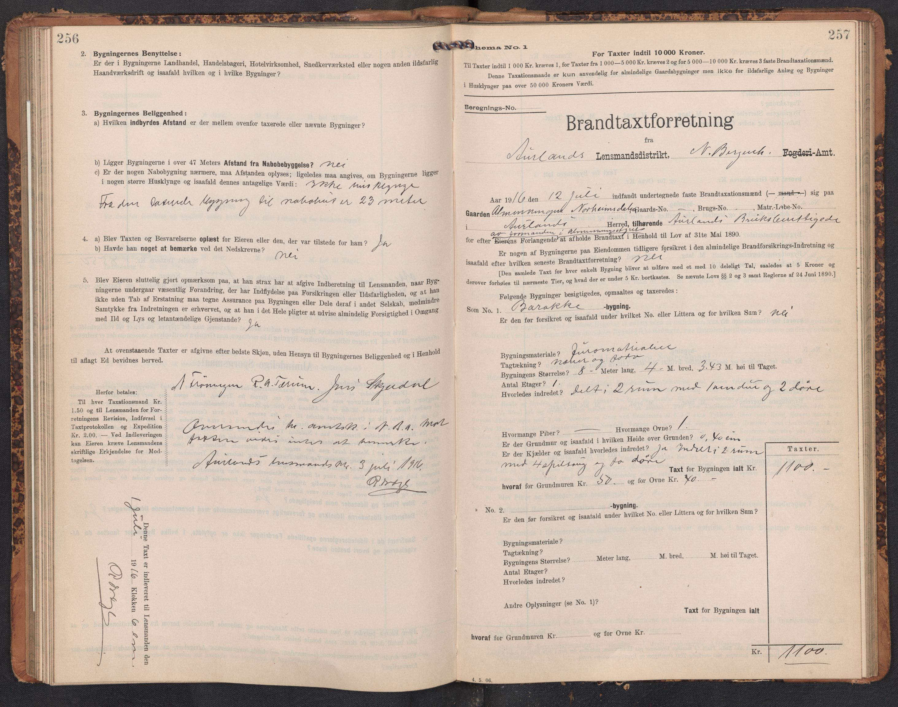 Lensmannen i Aurland, AV/SAB-A-26401/0012/L0005: Branntakstprotokoll, skjematakst, 1909-1916, p. 256-257