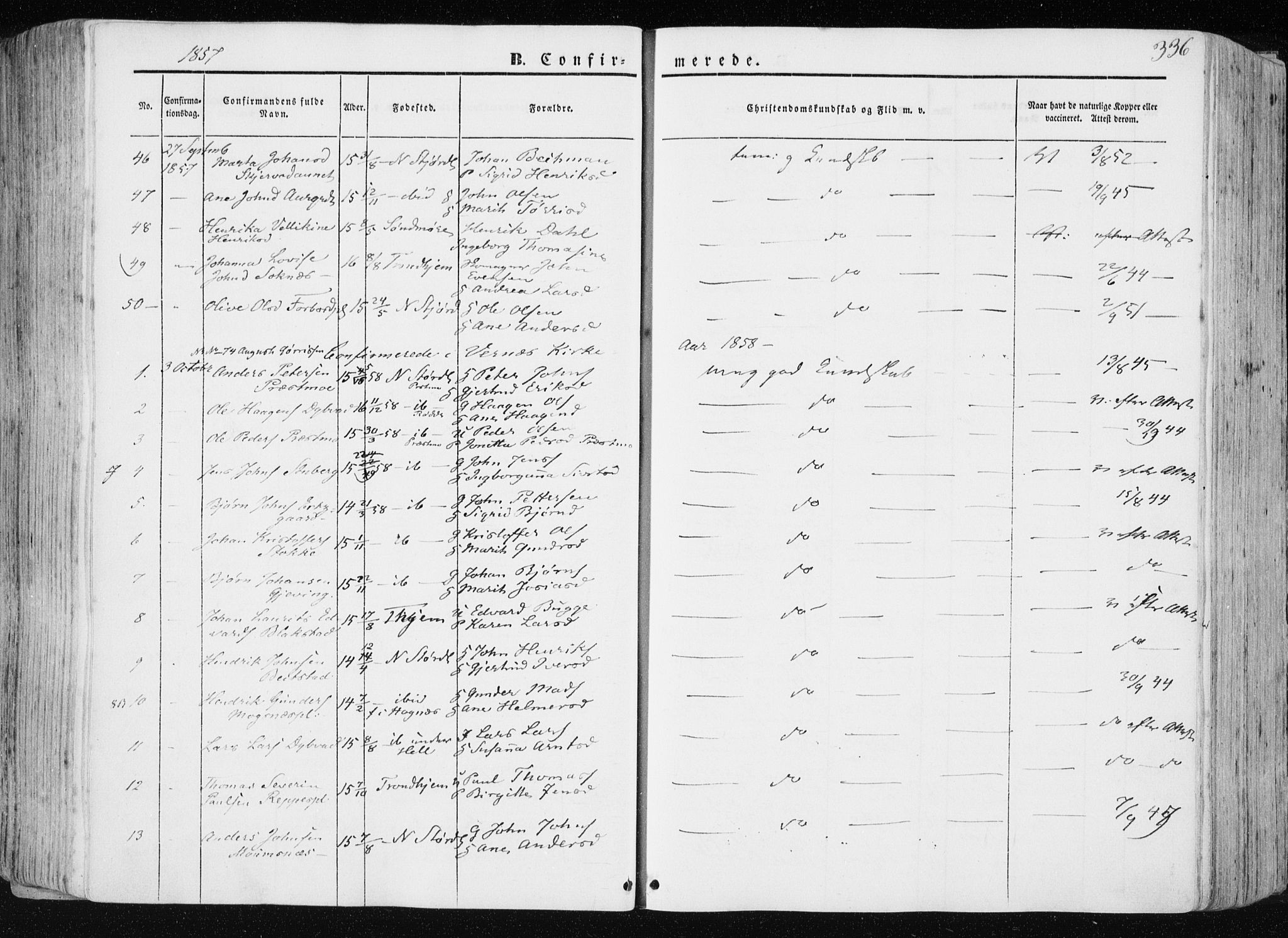 Ministerialprotokoller, klokkerbøker og fødselsregistre - Nord-Trøndelag, AV/SAT-A-1458/709/L0074: Parish register (official) no. 709A14, 1845-1858, p. 336