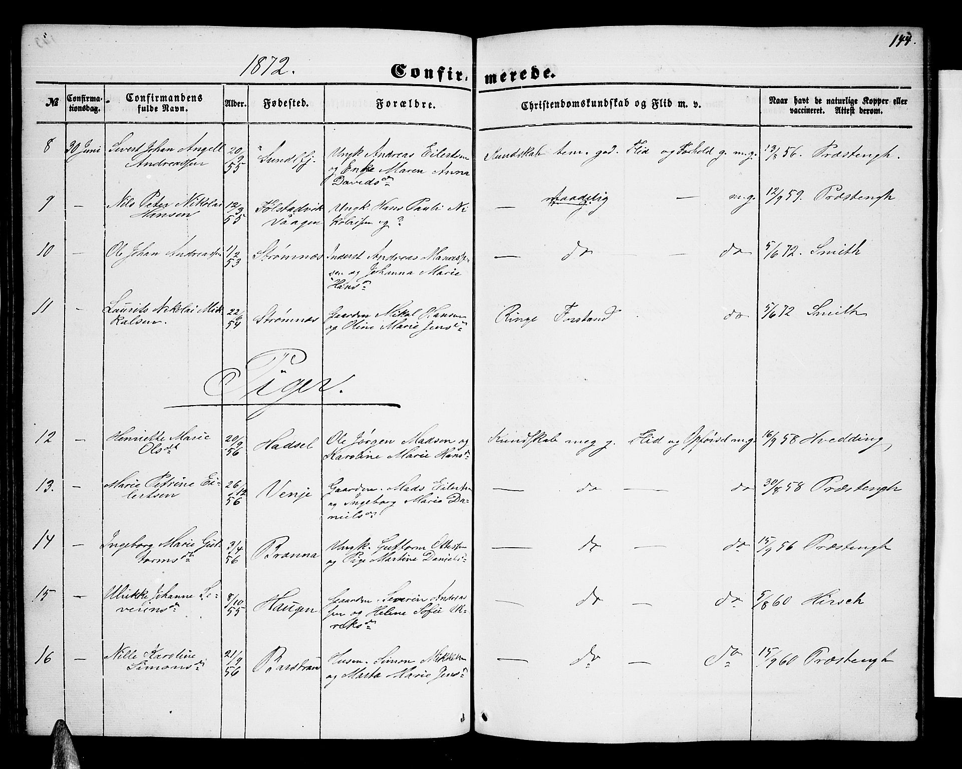 Ministerialprotokoller, klokkerbøker og fødselsregistre - Nordland, AV/SAT-A-1459/876/L1102: Parish register (copy) no. 876C01, 1852-1886, p. 144