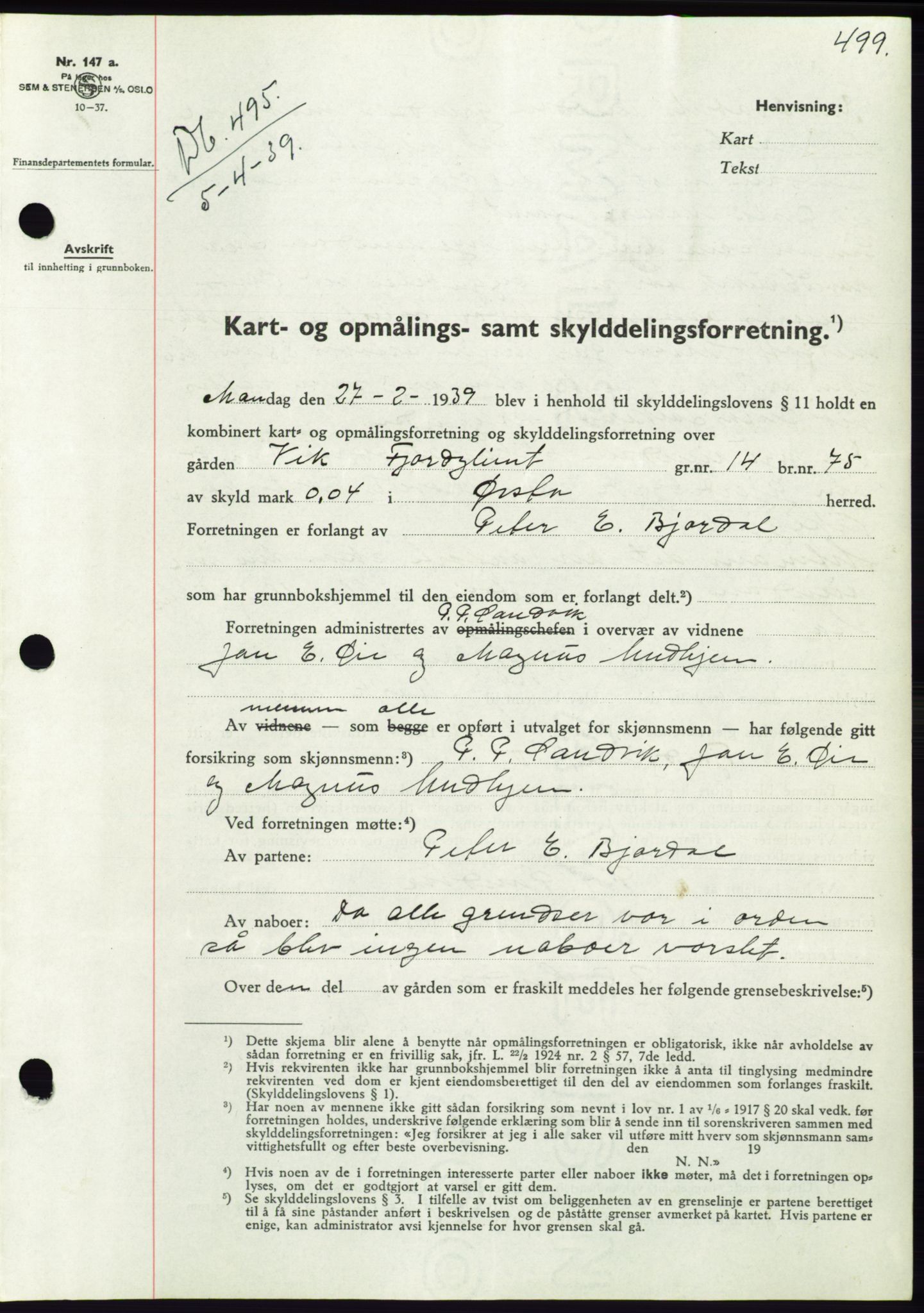 Søre Sunnmøre sorenskriveri, AV/SAT-A-4122/1/2/2C/L0067: Mortgage book no. 61, 1938-1939, Diary no: : 495/1939