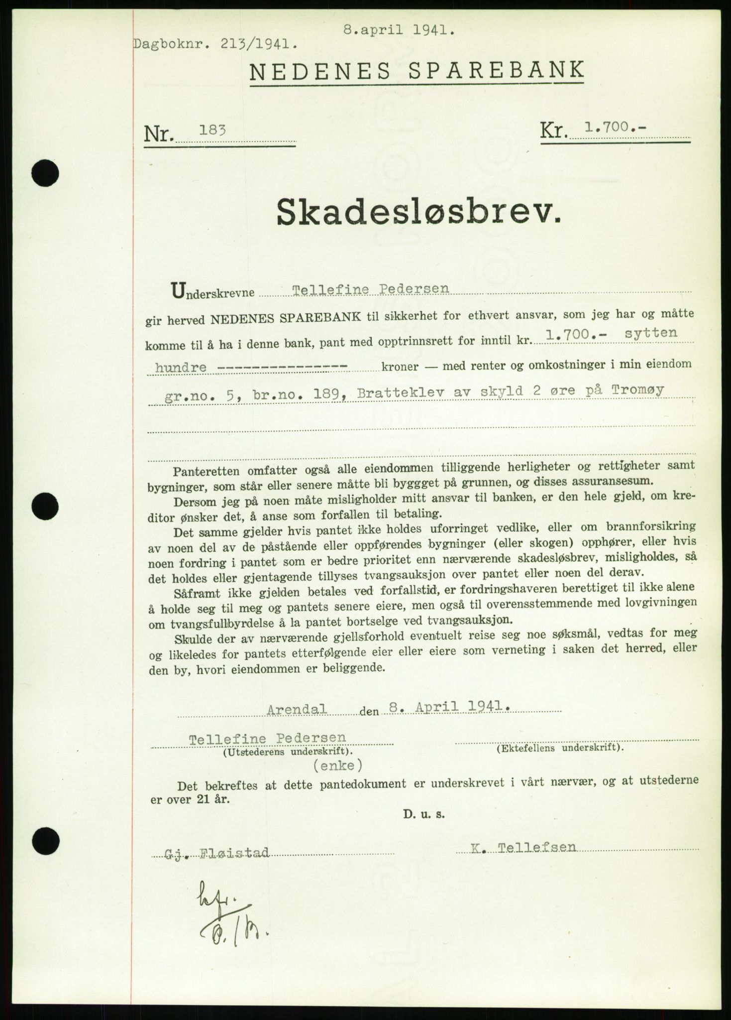 Nedenes sorenskriveri, AV/SAK-1221-0006/G/Gb/Gbb/L0001: Mortgage book no. I, 1939-1942, Diary no: : 213/1941