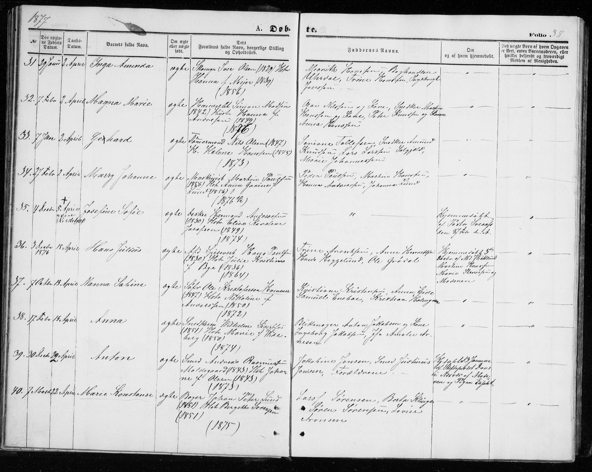 Tromsø sokneprestkontor/stiftsprosti/domprosti, AV/SATØ-S-1343/G/Gb/L0008klokker: Parish register (copy) no. 8, 1875-1879, p. 38