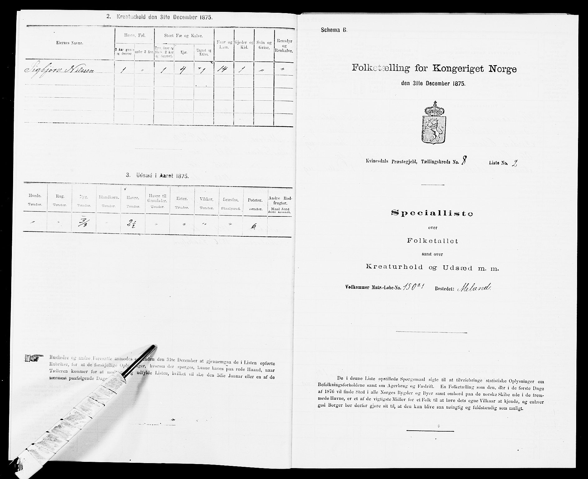 SAK, 1875 census for 1037P Kvinesdal, 1875, p. 1230