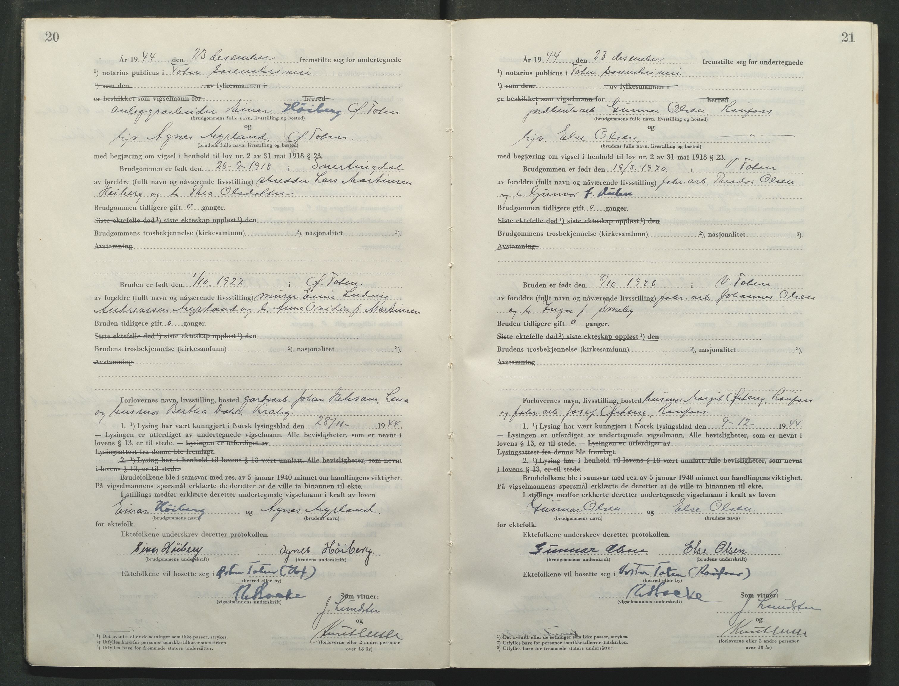 Toten tingrett, AV/SAH-TING-006/L/Lc/L0005: Vigselbok, 1944-1948, p. 20-21